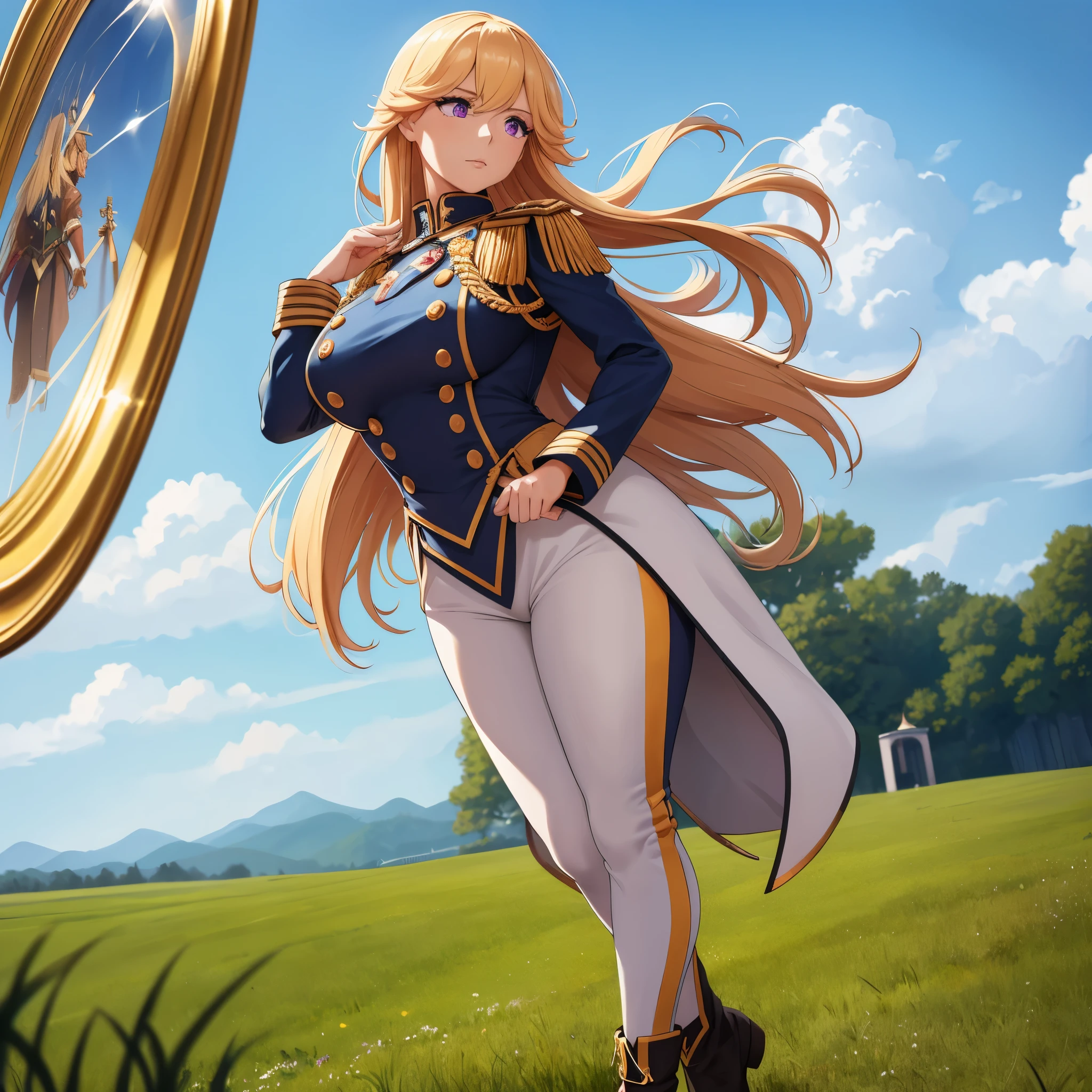 (best quality,4k,8k,highres,masterpiece:1.2),ultra-detailed,(realistic,photorealistic,photo-realistic:1.37),HDR,UHD,studio lighting,ultra-fine painting,sharp focus,physically-based rendering,extreme detail description,professional,vivid colors,bokeh,Portraits,A woman wearing a blue Napoleonic army uniform,golden decorative buttons, ornate epaulettes, and intricate military insignia,tight white pants that accentuate her slender figure. She walks with confidence and pride,black boots polished to a mirror-like shine. Her official Napoleonic style hat sits perfectly atop her head,matching the uniform in a crisp shade of blue. Her long orange hair flows freely, catching the wind as she gazes into the distance, the vibrant locks adding a touch of warmth and energy to the scene. Her captivating purple eyes are filled with determination and a hint of mischief. They sparkle with intelligence and depth. The open agricultural field stretches far and wide, bathed in the soft glow of the setting sun. The gently swaying grass and vibrant flowers create a picturesque backdrop. The woman stands tall and graceful, her presence commanding attention. She exudes strength and elegance, a symbol of power and beauty. The combination of her striking appearance and the idyllic setting creates a sense of intrigue and wonder. The color palette is rich and varied, with deep blues and vibrant oranges dominating the scene. The lighting is natural and warm, casting soft shadows that define the woman's features and accentuate the depth of the landscape. The overall composition is balanced and harmonious, capturing the essence of both the Napoleonic era and the beauty of nature.
