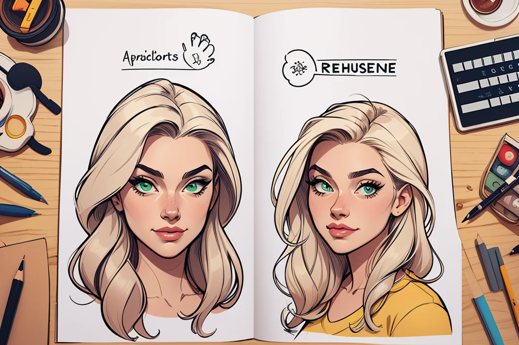 Turnaround sheet Imagem de desenho animado de uma mulher .cartoon style illustration, estilo de arte dos desenhos animados, estilo de arte dos desenhos animados, digital illustration style, design de personagens altamente detalhado, arte digital detalhada fofa, City fan art, Design de personagens de retrato, beautiful digital illustration, retrato de alta qualidade, Arte em quadrinhos, mulher jovem. Green eyes Medium and wonderful buso three too many spies Cloe Sam and Alex