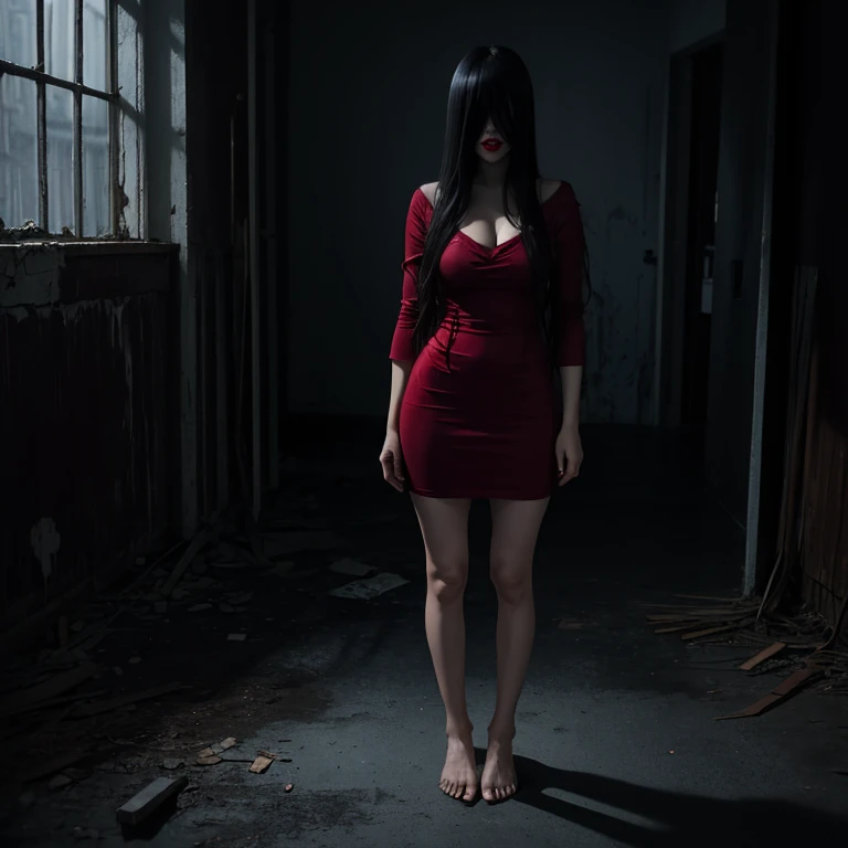 (masterpiece:1.1, Best Quality:1.1, 16K HDR, High resolution), (1girl in, Solo), Ultra-realistic portrait of Sadako Yamamura, the ring, Black hair, Long hair, (((Super long bangs, eyes are hidden by super long bangs, super long bangs over eyes))), large , Large cleavage, Large breasts, large , in the abandoned building, dark atmosphere, Realistic skin texture, Perfect slim body style, (Red dress, Bare legged), just standing,