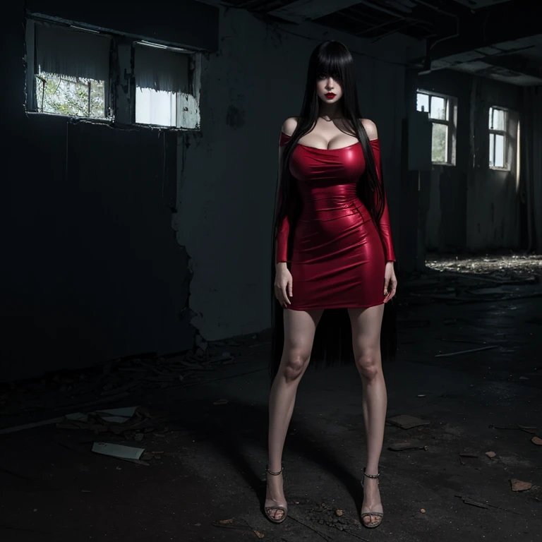 (masterpiece:1.1, Best Quality:1.1, 16K HDR, High resolution), (1girl in, Solo), Ultra-realistic portrait of Sadako Yamamura, the ring, Black hair, Long hair, (((Super long bangs, eyes are hidden by super long bangs, super long bangs over eyes))), large , Large cleavage, Large breasts, large , in the abandoned building, dark atmosphere, Realistic skin texture, Perfect slim body style, (Red dress, Bare legged), just standing,