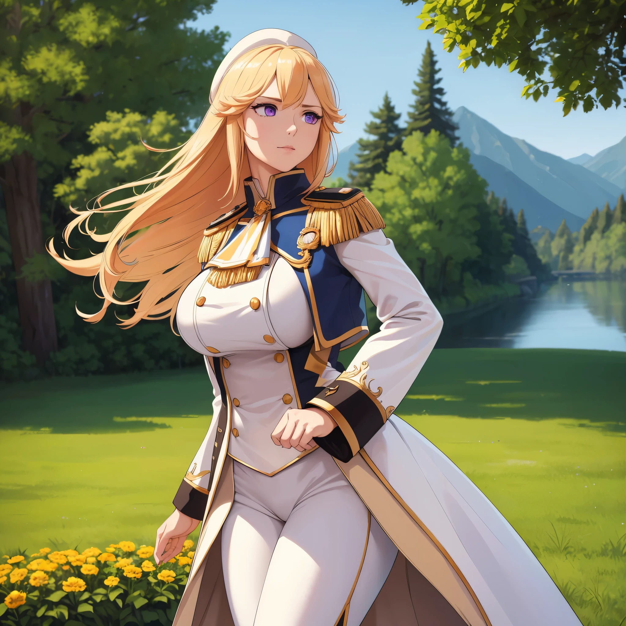 (best quality,4k,8k,highres,masterpiece:1.2),ultra-detailed,(realistic,photorealistic,photo-realistic:1.37),HDR,UHD,studio lighting,ultra-fine painting,sharp focus,physically-based rendering,extreme detail description,professional,vivid colors,bokeh,Portraits,A woman wearing a blue Napoleonic army uniform,golden decorative buttons, ornate epaulettes, and intricate military insignia,tight white pants that accentuate her slender figure. She walks with confidence and pride,black boots polished to a mirror-like shine. Her official Napoleonic style hat sits perfectly atop her head,matching the uniform in a crisp shade of blue. Her long orange hair flows freely, catching the wind as she gazes into the distance, the vibrant locks adding a touch of warmth and energy to the scene. Her captivating purple eyes are filled with determination and a hint of mischief. They sparkle with intelligence and depth. The open agricultural field stretches far and wide, bathed in the soft glow of the setting sun. The gently swaying grass and vibrant flowers create a picturesque backdrop. The woman stands tall and graceful, her presence commanding attention. She exudes strength and elegance, a symbol of power and beauty. The combination of her striking appearance and the idyllic setting creates a sense of intrigue and wonder. The color palette is rich and varied, with deep blues and vibrant oranges dominating the scene. The lighting is natural and warm, casting soft shadows that define the woman's features and accentuate the depth of the landscape. The overall composition is balanced and harmonious, capturing the essence of both the Napoleonic era and the beauty of nature.