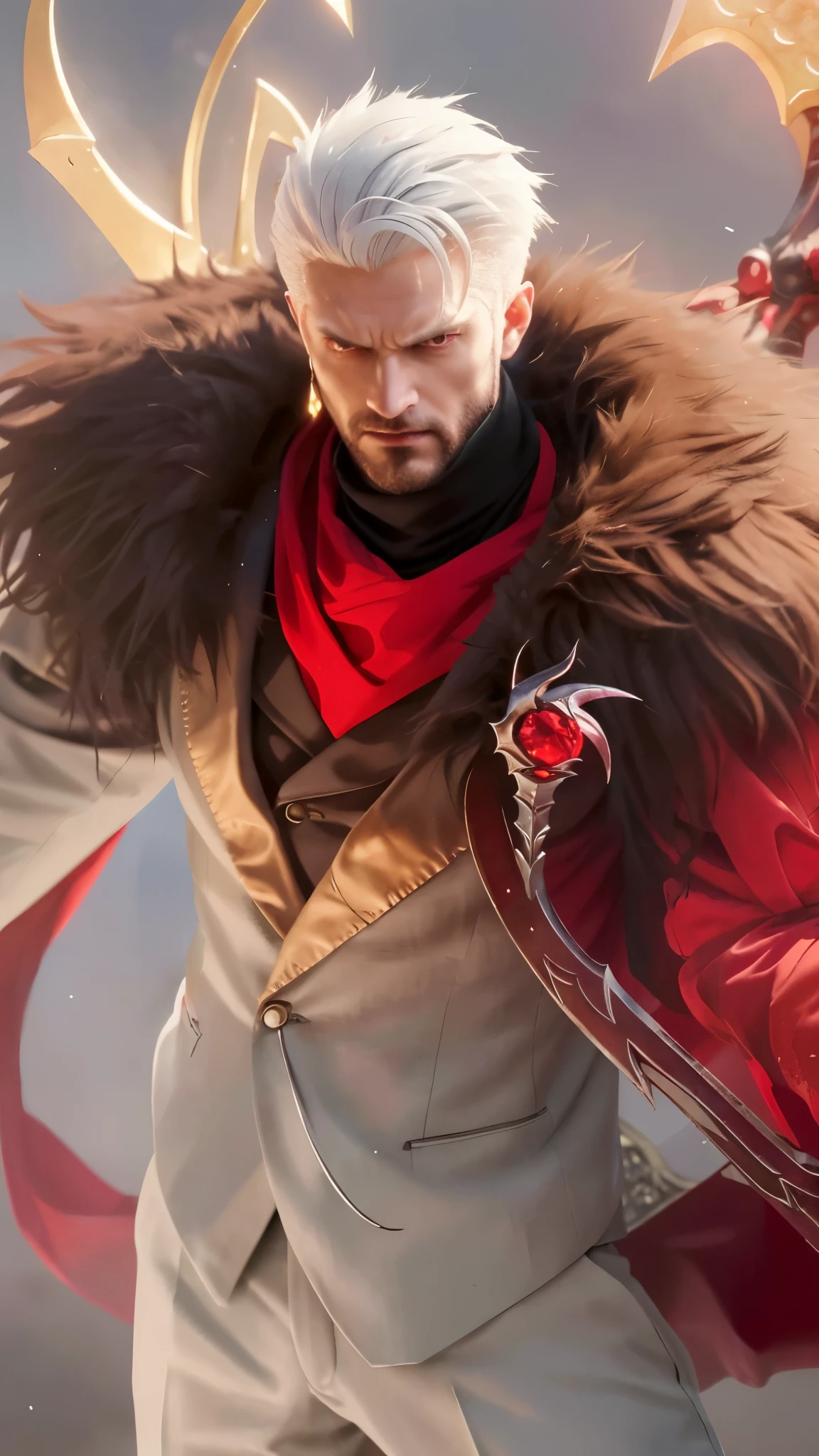 (best quality,4k,8k,highres,masterpiece:1.2),ultra-detailed,(realistic,photorealistic,photo-realistic:1.37),dramatic lighting, vibrant colors, close-up portrait, detailed facial expression, captivating gaze, sharp focus, flowing red cape, tailored suit, immaculate grooming, suave gentleman, confident and charismatic posture, exquisite demon slayer artwork, intricate details of the demon slaying weapon, eerie and intense atmosphere, son of Sparda's lineage reflected in his piercing eyes, key anime art inspiration, seamless fusion of anime and realism, mesmerizing combination of range murata and artgerm's styles, artistic portrayal of Kris from Deltarune, dynamic and energetic brushstrokes, striking composition, impeccable attention to anatomical details, unique and captivating art style,evil face,villain vibes