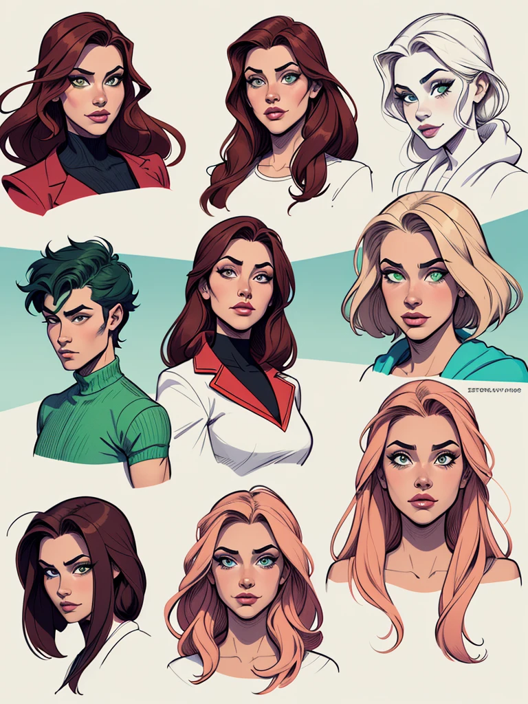 Turnaround sheet Imagem de desenho animado de uma mulher .cartoon style illustration, estilo de arte dos desenhos animados, estilo de arte dos desenhos animados, digital illustration style, design de personagens altamente detalhado, arte digital detalhada fofa, City fan art, Design de personagens de retrato, beautiful digital illustration, retrato de alta qualidade, Arte em quadrinhos, mulher jovem. Olhos verdes Buso pequeno e maravilhoso . Assassin Scred.