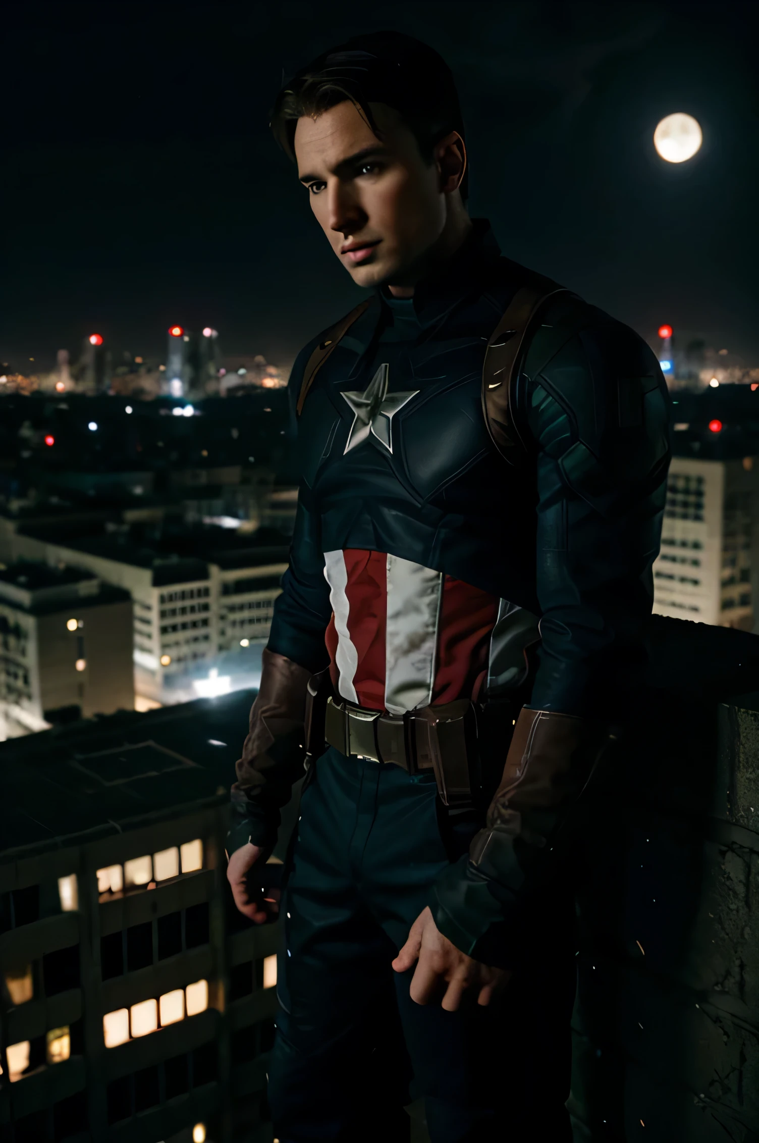 captain america all in black, on top of a prison at night, with the city seen from above, the light of the moon