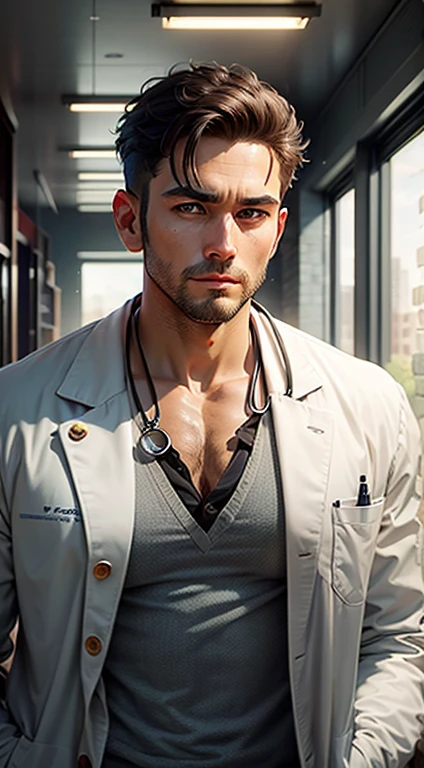 (best quality,sharp focus,ultra-detailed,masterpiece:1.2),a 34-year-old man,handsome,cool,brown-skinned,wearing white doctor's coat