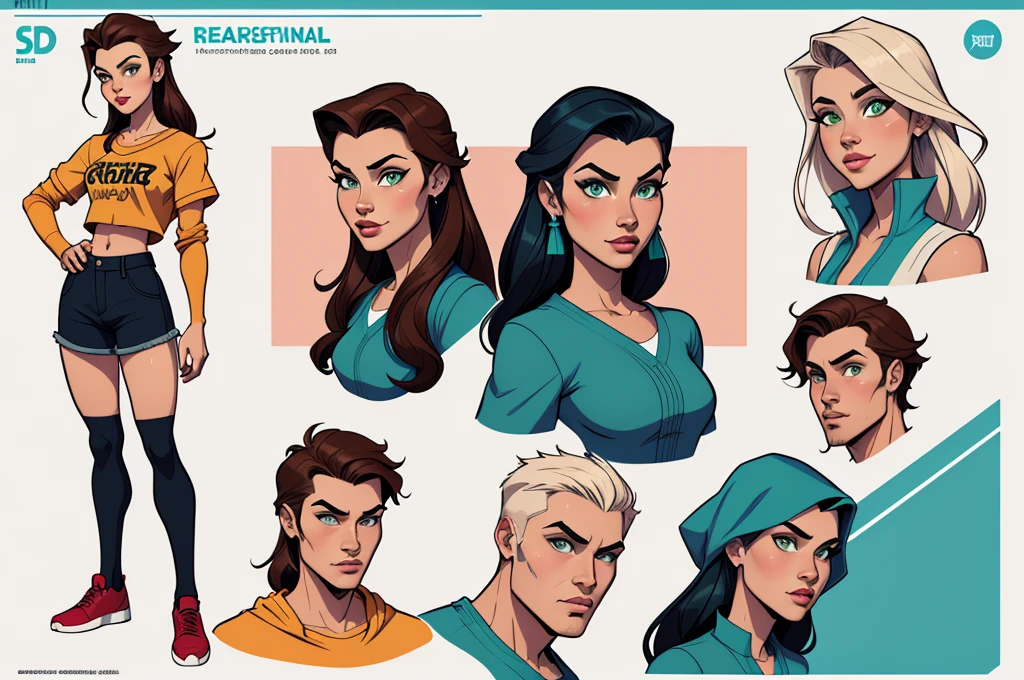 Turnaround sheet Imagem de desenho animado de uma mulher .cartoon style illustration, estilo de arte dos desenhos animados, estilo de arte dos desenhos animados, digital illustration style, design de personagens altamente detalhado, arte digital detalhada fofa, City fan art, Design de personagens de retrato, beautiful digital illustration, retrato de alta qualidade, Arte em quadrinhos, mulher jovem. Green eyes Medium and wonderful buso three too many spies Cloe Sam and Alex Azula and Katara