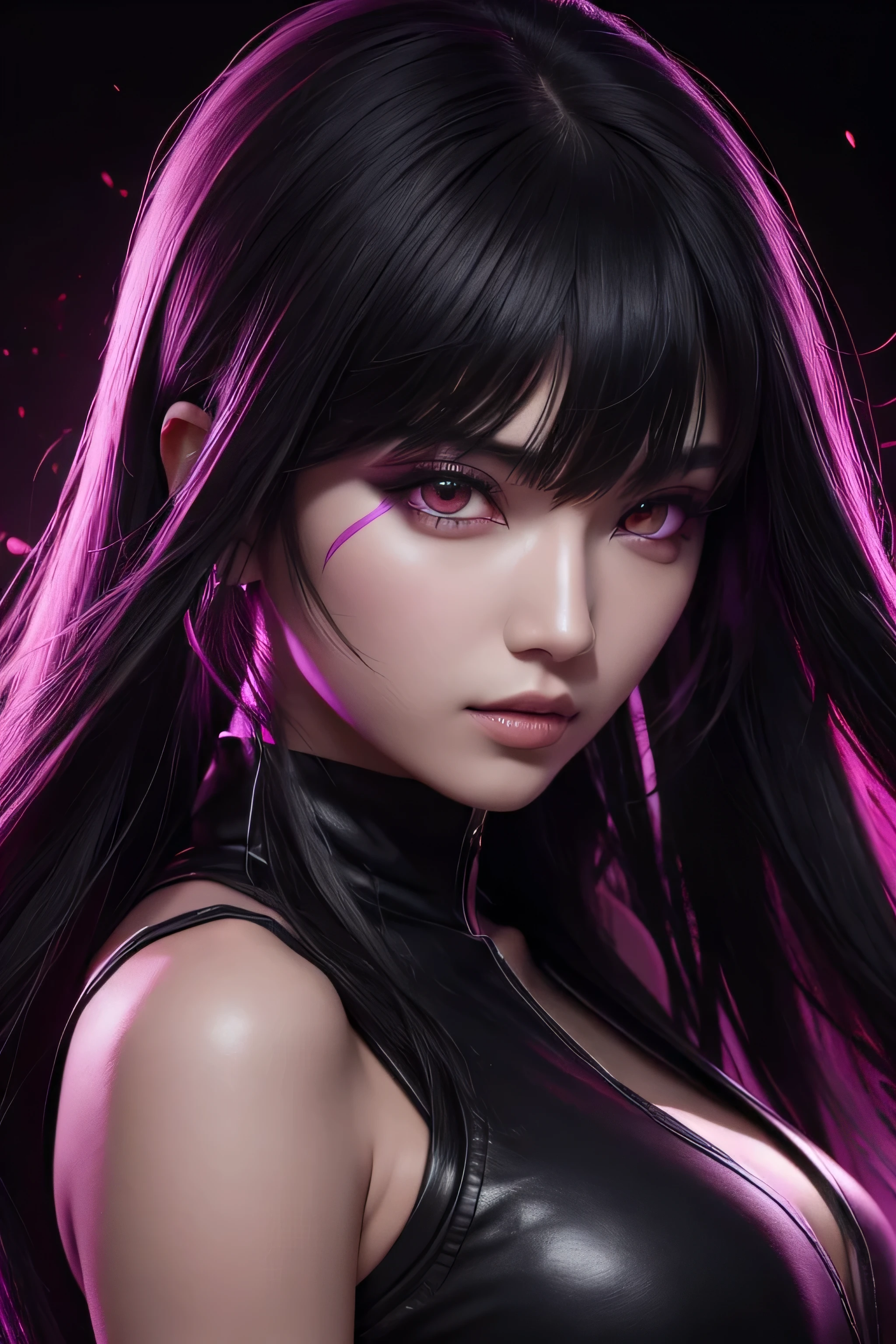 1girl, akali, kda, akali league of legends, star eye, blush, perfect illumination, black hair, red eyes, unreal engine, sidelighting, detailed face, bangs, bright skin, simple background, dark background, purple light rim