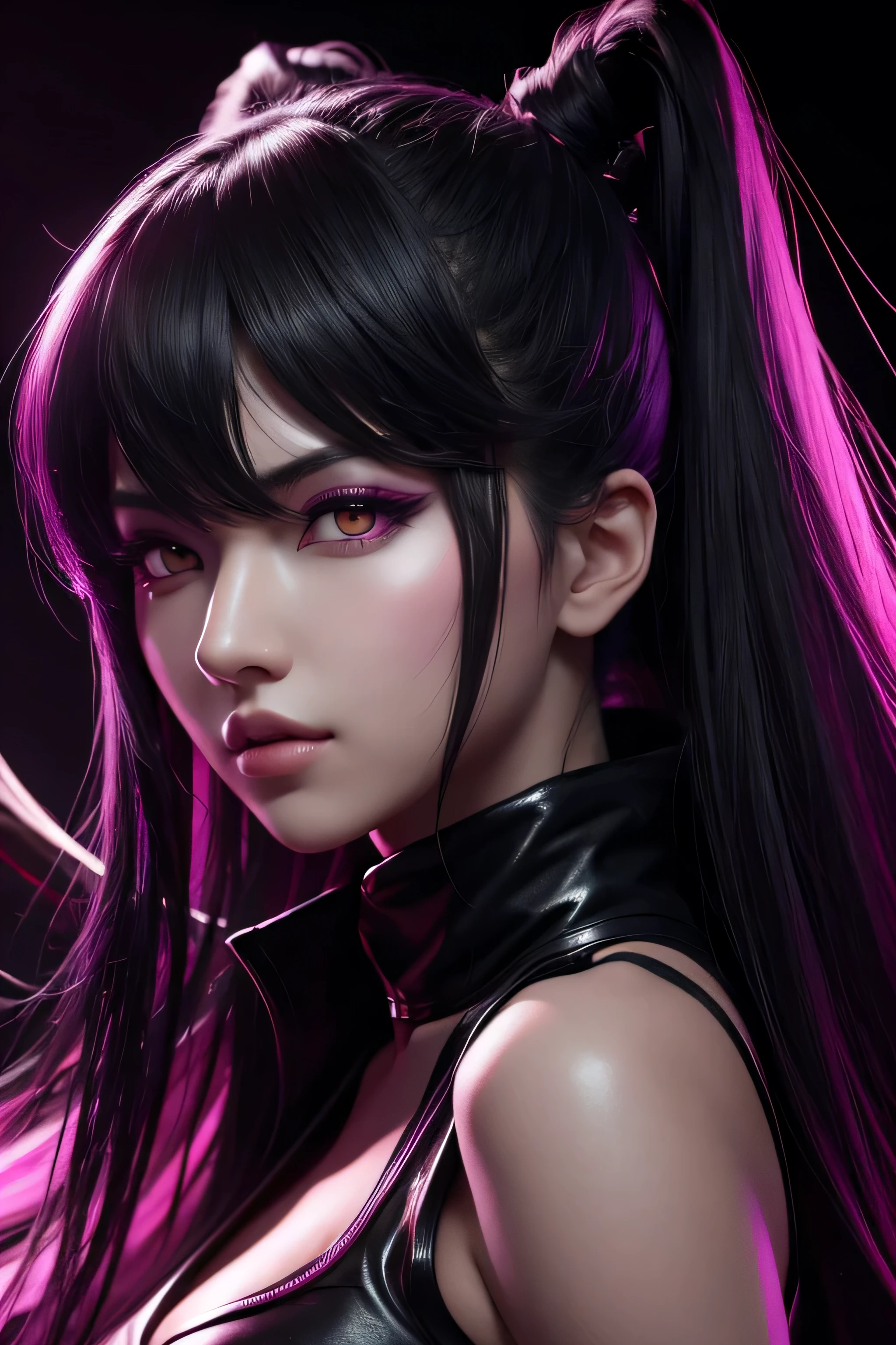 1girl, akali, kda, akali league of legends, star eye, blush, perfect illumination, black hair, red eyes, unreal engine, sidelighting, detailed face, bangs, bright skin, simple background, dark background, purple light rim
