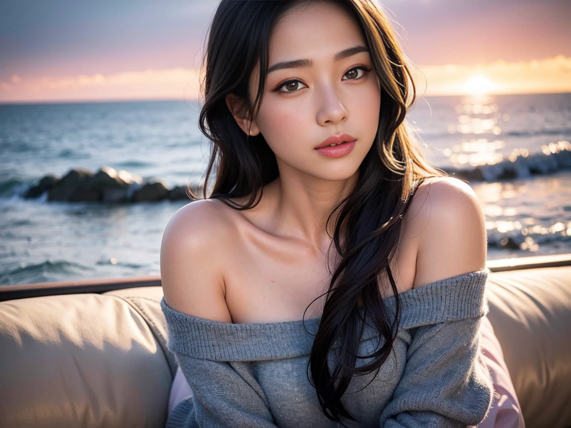 dark brown hair、light brown eyes、Japanese actress face、 lady、I'Iは彼とIが好きです'I'Iは40歳くらいです.、(intricate details:1.2)、(which one is the top?:1.4)、 (ultra high resolution:1.2)、ultra high resolution、(finely tuned)、(detailed  features)、nffsw、8K resolution、D cup size breasts、long hair、1 girl, Deep sorrowの表情, (Highly detailed beautiful face), （crop top:1.4）、（sportswear　gray　leggings:1.4）、( shoulders:1.3), (highest quality:1.4), (Super detailed)、Beautiful fair skin with transparency,  sitting、open your mouth a little、beautiful legs、Deep sorrow、Pose of Weakness、 pose、Terrace cafe by the sea、Cafe table、Sleeping on the sofa in the cafe、the sun shines、Los Angeles、In the background is the sea illuminated by the sun、