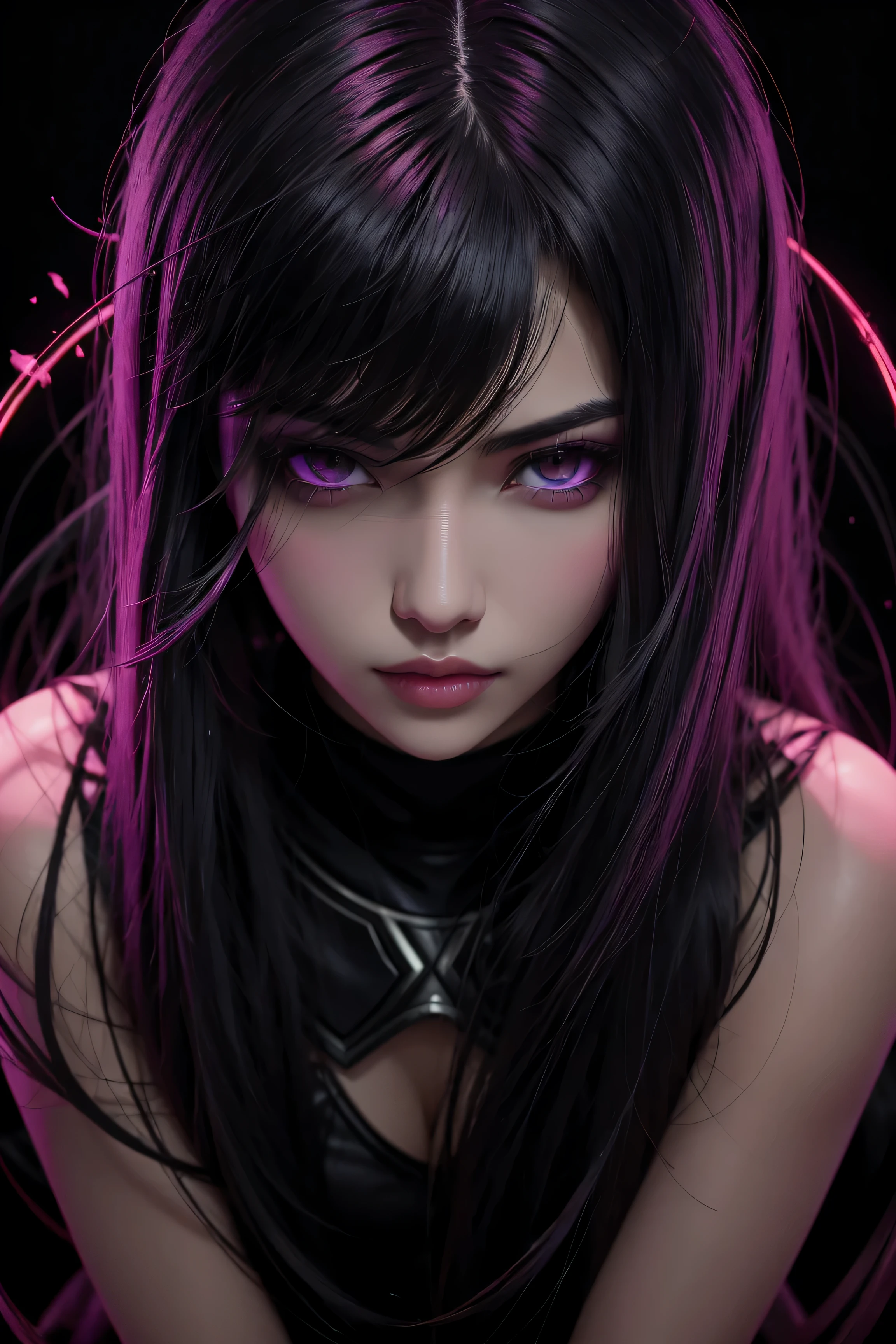 ((Retrato de primer plano de una chica con ojos verdes)), with a bright purple light for the eyes, Rayos luminosos violetas, Dark fantasy portrait, Retrato de perfil, (cara descarada). DarkFantasy, Arte digital detallado, Chica sexy con ojos verdes, ((Somber color scheme:1,5)), (NSFW), (A very dark room, Poca luz, Baja visibilidad)). (sombra fuerte:1,6). twilights.