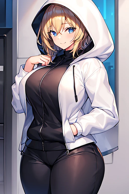 1girl, hood, jacket, hooded jacket, hood on, hood up, blonde hair, large breasts, breasts, wide hips, thick thighs, hourglass figure, white jacket, black shirt, shirt, very short hair, pants, black pants, smile, toned, toned female, urban, mature female, tall, tall female