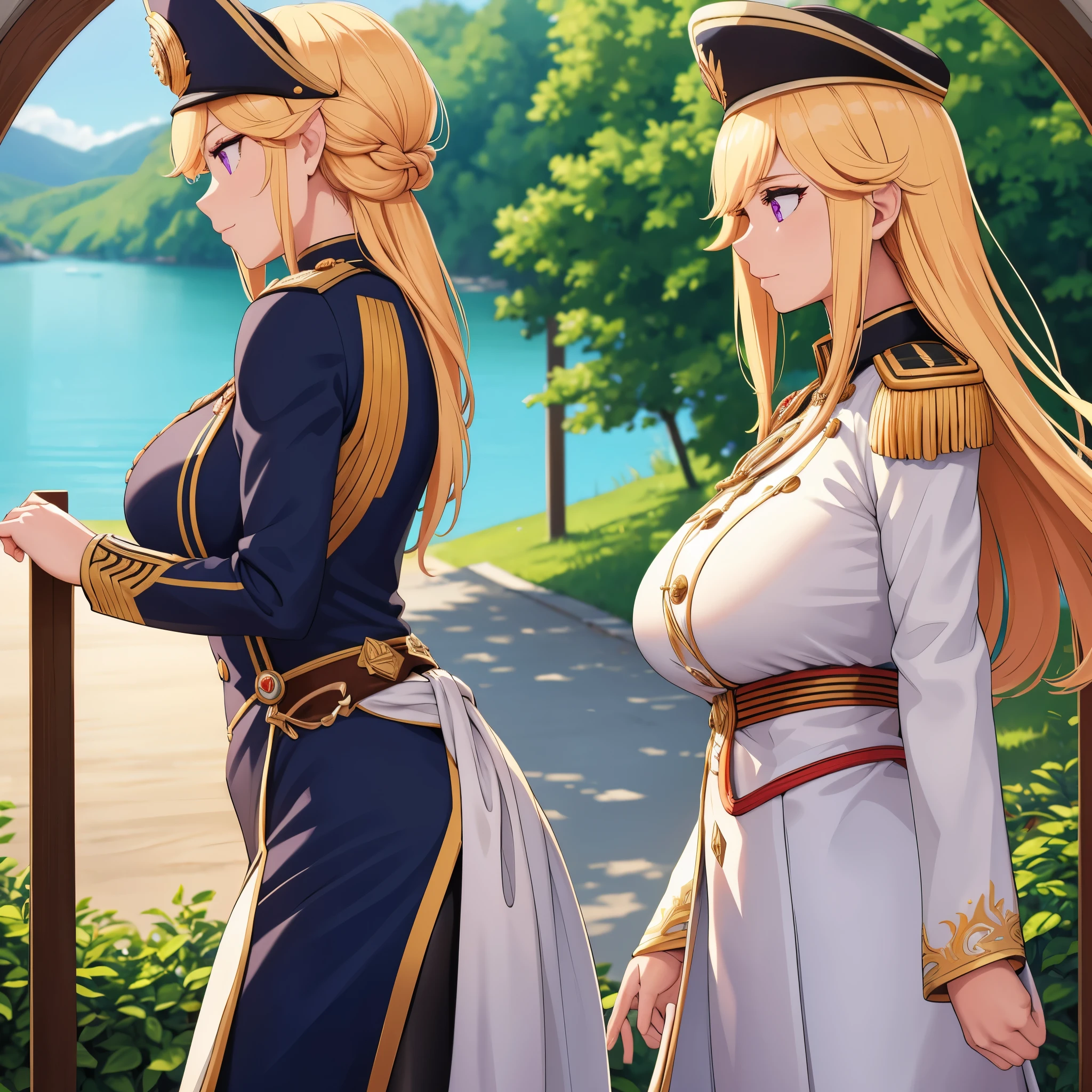 (best quality,4k,8k,highres,masterpiece:1.2),ultra-detailed,(realistic,photorealistic,photo-realistic:1.37),HDR,UHD,studio lighting,ultra-fine painting,sharp focus,physically-based rendering,extreme detail description,professional,vivid colors,bokeh,Portraits,A woman wearing a blue Napoleonic army uniform,golden decorative buttons, ornate epaulettes, and intricate military insignia,tight white pants that accentuate her slender figure. She walks with confidence and pride,black boots polished to a mirror-like shine. Her official Napoleonic style hat sits perfectly atop her head,matching the uniform in a crisp shade of blue. Her long orange hair flows freely, catching the wind as she gazes into the distance, the vibrant locks adding a touch of warmth and energy to the scene. Her captivating purple eyes are filled with determination and a hint of mischief. They sparkle with intelligence and depth. The open agricultural field stretches far and wide, bathed in the soft glow of the setting sun. The gently swaying grass and vibrant flowers create a picturesque backdrop. The woman stands tall and graceful, her presence commanding attention. She exudes strength and elegance, a symbol of power and beauty. The combination of her striking appearance and the idyllic setting creates a sense of intrigue and wonder. The color palette is rich and varied, with deep blues and vibrant oranges dominating the scene. The lighting is natural and warm, casting soft shadows that define the woman's features and accentuate the depth of the landscape. The overall composition is balanced and harmonious, capturing the essence of both the Napoleonic era and the beauty of nature.