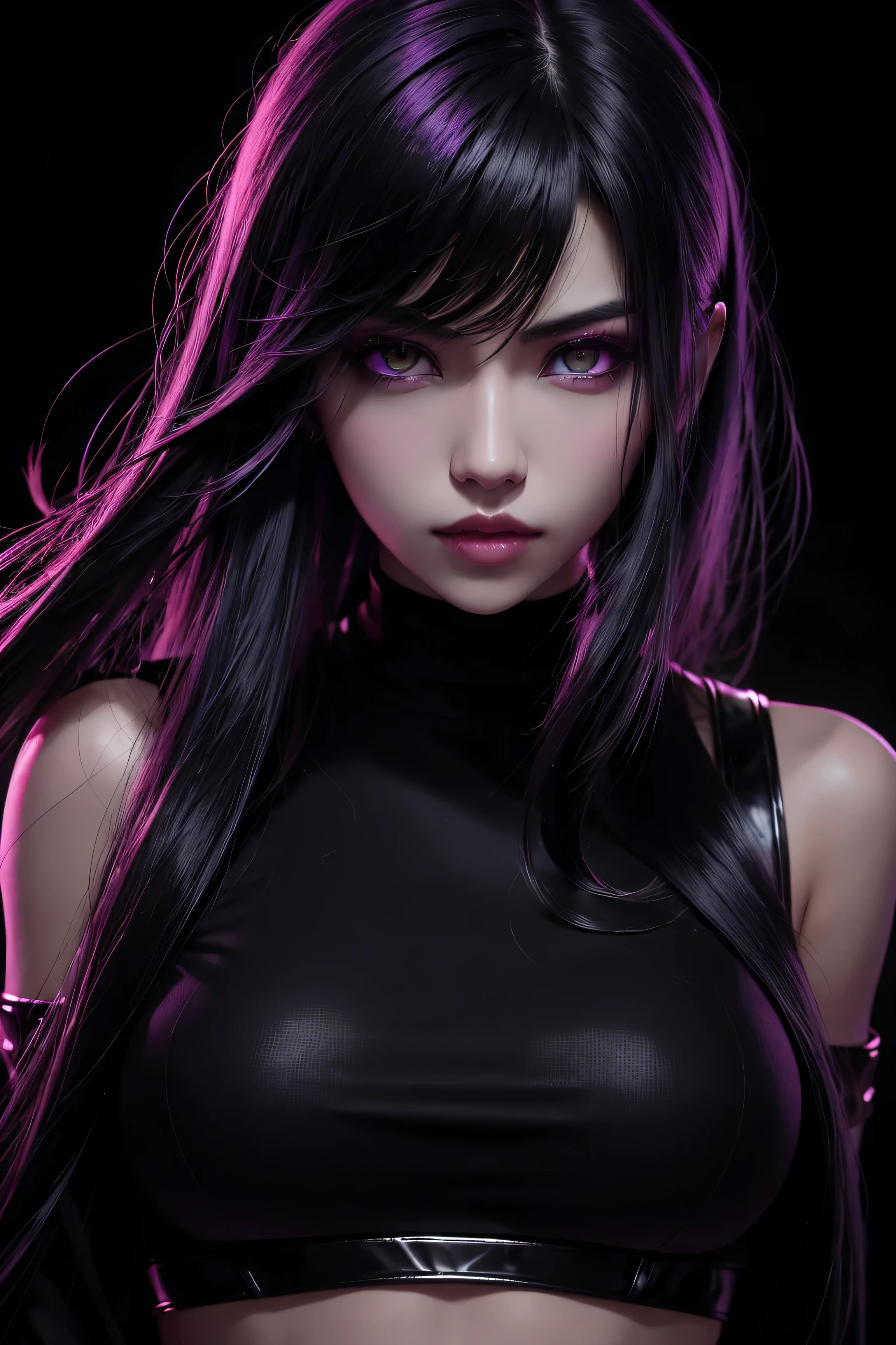 1girl, akali, kda, akali league of legends, star eye, blush, perfect illumination, black hair, red eyes, unreal engine, sidelighting, detailed face, bangs, bright skin, simple background, dark background, purple light rim