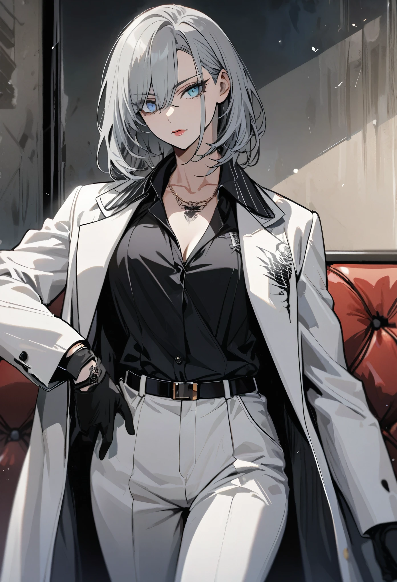 Handsone, solo, female, mafia, black shirt, white pant, black gloves, white coat, medium hair, gray hair, light blue eyes, eagle tattoo on right clavicle