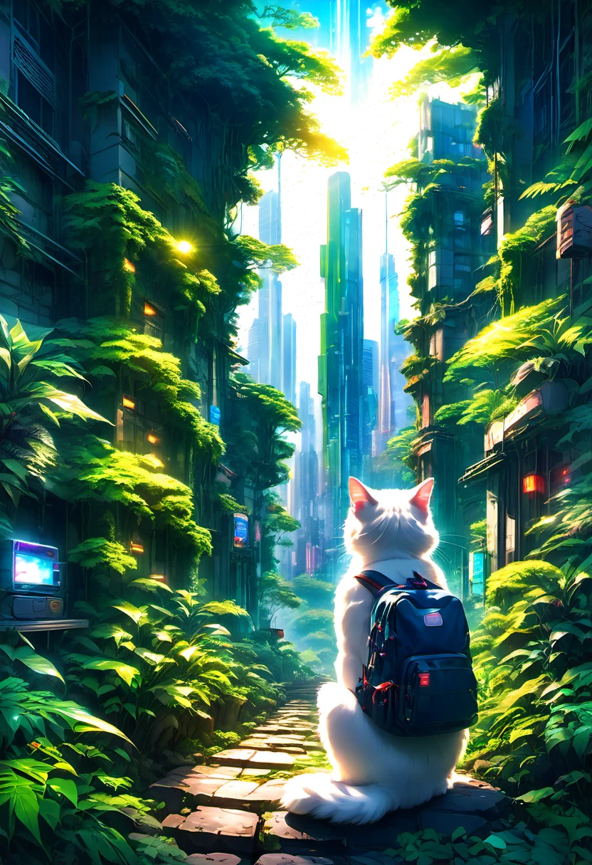 (8K、Raw photo、highest quality、look up:1.2、masterpiece:1.2、genuineistic、ultra high resolution、high contrast、photon mapping、genuine、Super detailed、official art, Raw photo、professional lighting、 light、Vivid atmosphere、twicelight) This anime scene、While having the atmosphere of a work directed by Makoto Shinkai,、Expresses a post-apocalyptic worldview。A girl with a backpack looking at the city skyline from the forest、It is reminiscent of emotional scenes like Makoto Shinkai&#39;s works.。 High-rise buildings in the city are covered with trees from the walls and windows々pops out、The building is covered like a lush jungle.、It depicts a futuristic landscape where nature and the city are fused.。A city bathed in bright sunlight、It suggests a bright and hopeful future.。 A girl trying to enter a building in the city、It symbolizes young people trying to break out into society.。and、The pure white cat that is nestled next to me、As a familiar presence、Watching the girl&#39;s journey。 This scene is、Following the style of director Makoto Shinkai、I am drawing a post-apocalyptic animation with a unique world view.。