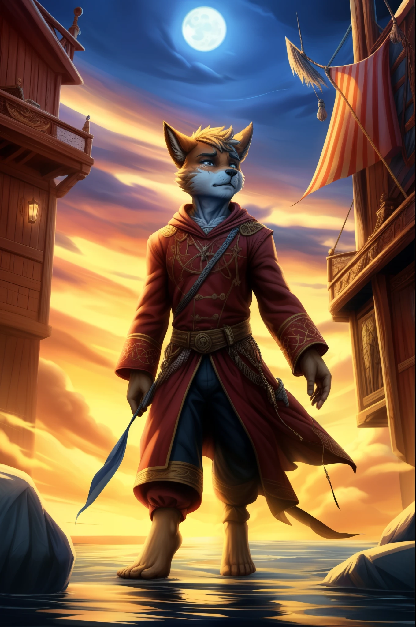 (((Barefoot furry character, full body, cinematic setting, male)))
Masquerading as a man with a reason.
My charade is the event of the season
and if I claim to be a wise man, well
it surely means that I don't know.
On a stormy sea of moving emotion
tossed about I'm like a ship on the ocean.
I set a course for winds of fortune,
but I hear the voices say:
(Carry on my wayward son.)
(There'll be peace when you are done.)
(Lay your weary head to rest.)
(Don't you cry no more.)
BREAK, detailed background, 8K, (masterpiece:1.5), intricate details, highly detailed, extreme detail, octane render, fine art, best quality, highres, (detailed face:1.5), ((full_body)), UHD, (((perfect hands)))