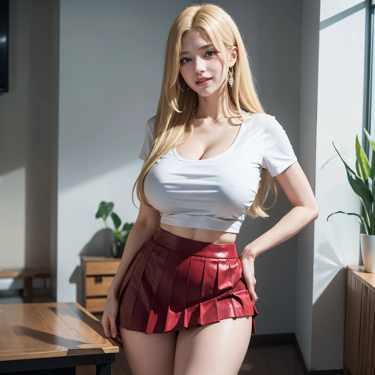 1girl, (Blue eyes), (smiling :1.2), (Sana Minatozaki), wide hips, Big tits, big ass, (hin waist), (ultra detailed and toned legs), (very thick and toned thighs), (Best Quality, 8k, Masterpiece: 1.3), Clear Focus: 1.2, Perfect Body Beauty: 1.4, Highly detailed face and skin texture, detailed eyes, double eyelids, (blonde long hair :1.2), cleavage, (white t-shirt), (red pleated mini skirt :1.2), standing, dynamic pose, in a living room