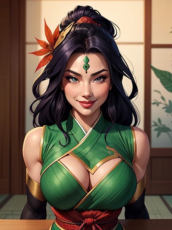 Turnaround leaf woman medieval Asian warrior style bust beautiful seductive smile and sexual appearance cartoon style illustration 