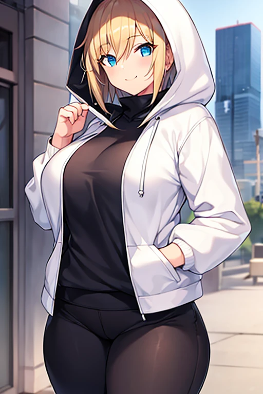 1girl, hood, jacket, hooded jacket, hood on, hood up, blonde hair, large breasts, breasts, wide hips, thick thighs, hourglass figure, white jacket, black shirt, shirt, very short hair, pants, black pants, smile, toned, toned female, urban, mature female, tall, tall female, arm down, hands down, arms down, hand down
