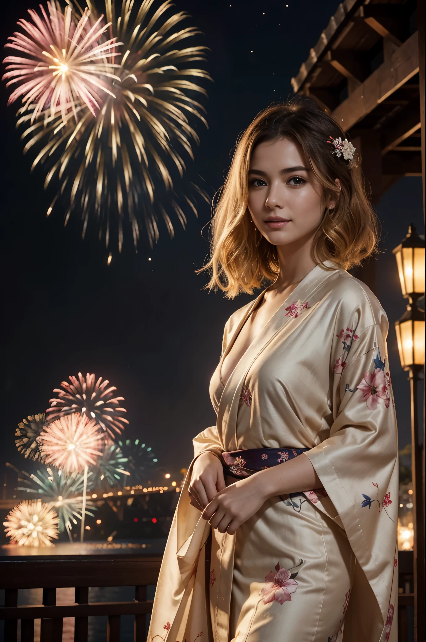 masterpiece, best quality, extremely detailed, hyperrealistic, photorealistic, a beautiful 20s french model:1.3, japanese yukata, fireworks festival, ultra detailed face:1.2, blonde hair, pale skin, busty breasts, laughing, detailed fireworks:1.1, fireworks burst in a multitude of vibrant hues, each explosion is intricately detailed with sparks and captivating rails, the night sky is clear and the stars twinkle in the background