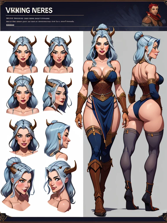 Turnaround sheet mulher estilo Viking medieval busto lindo sorriso sedutor e olhar sexual