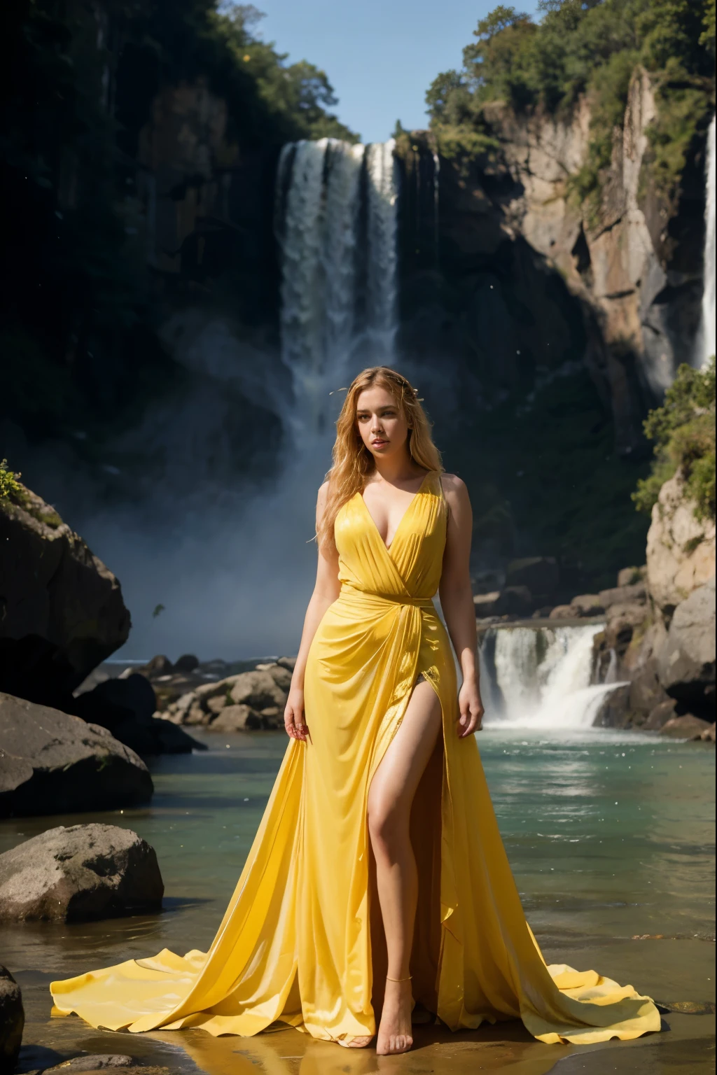 Please find below a detailed description for your picture prompt:

A full-body portrait of Scarlett Johansson, a stunning 34-year-old Hollywood actress, stands at the edge of a pristine river. Her long, golden blonde hair extends down to her waist, cascading onto her shoulders and bangs framing her delicate face. Entwined in the flowing tresses is a delicate headband that holds back a few loose strands, emphasizing her regal and sensuous appearance.

In the backdrop, a colossal waterfall thunders with unwavering force, its shimmering waters tumbling down from the lush, verdant canopy of