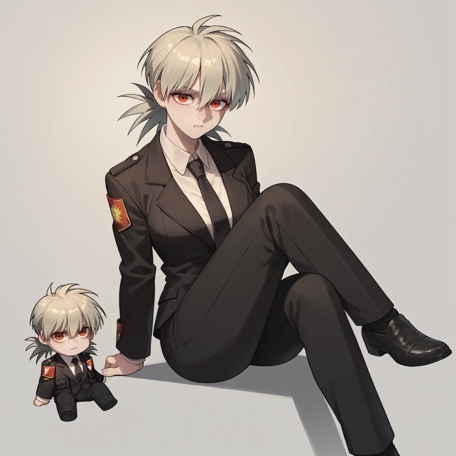 score_9, score_8_up, score_7_up, source_anime, solo, 1girl, hellsing, formal, suit, black jacket, black necktie, long sleeves, black pants, fumo \(doll\), chibi, sitting, fumo