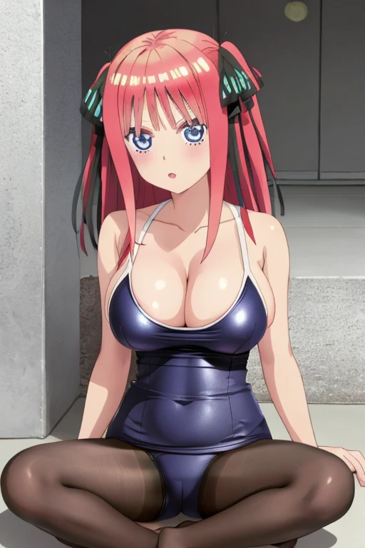 best quality, ultra-detailed masterpiece, anime art style, cute characters, nino nakano, one-piece swimsuit, large breasts, pantyhose, indian style