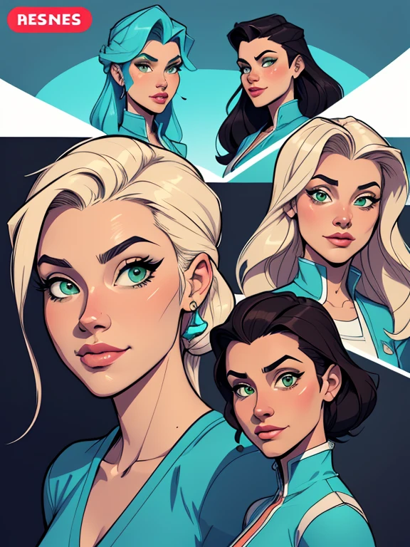 Turnaround sheet Imagem de desenho animado de uma mulher .cartoon style illustration, estilo de arte dos desenhos animados, estilo de arte dos desenhos animados, digital illustration style, design de personagens altamente detalhado, arte digital detalhada fofa, City fan art, Design de personagens de retrato, beautiful digital illustration, retrato de alta qualidade, Arte em quadrinhos, mulher jovem. Green eyes Medium and wonderful buso three too many spies Cloe Sam and Alex Azula and Katara