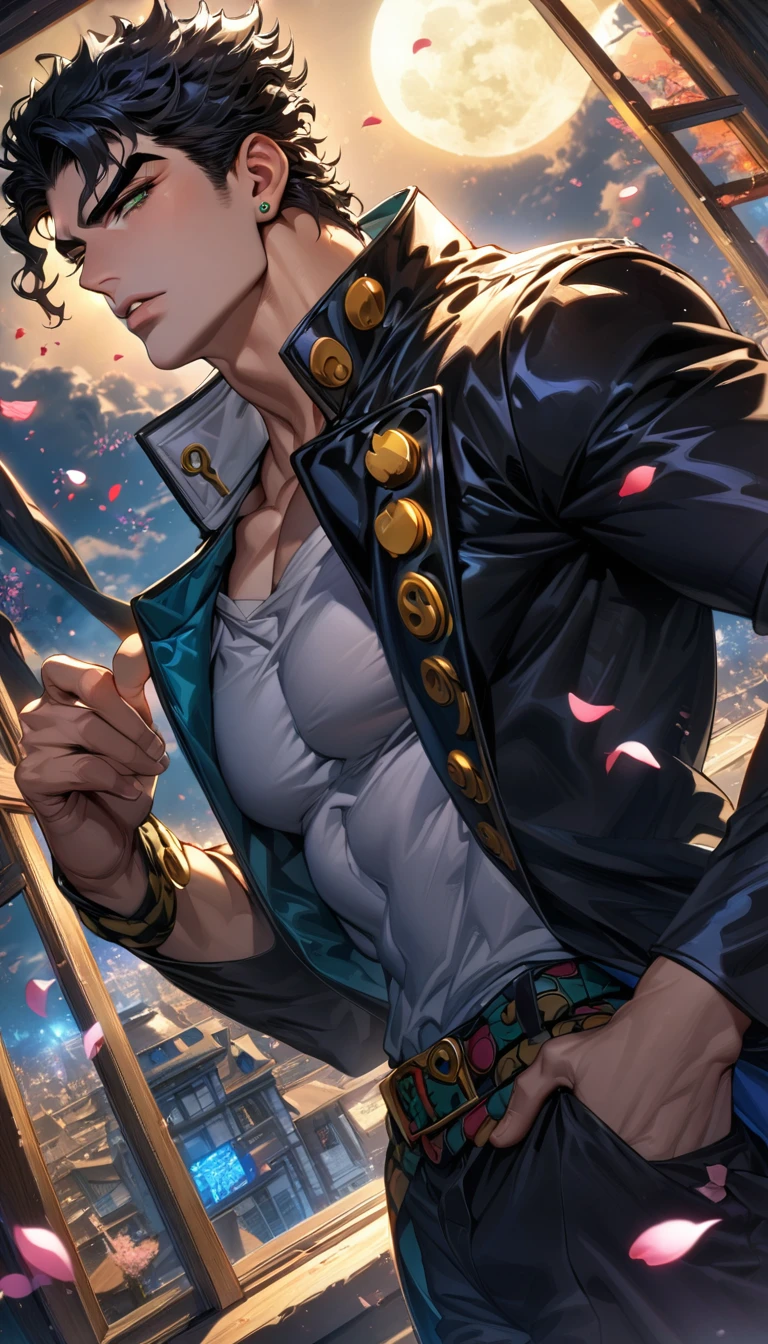 (absurdres, highres, ultra detailed, HDR), master piece, best quality, vibrant green eyes, Jotaro Kujo, black hair, 1man, handsome, Jojo bizarre adventure, black leather coat, moon, petals, window
