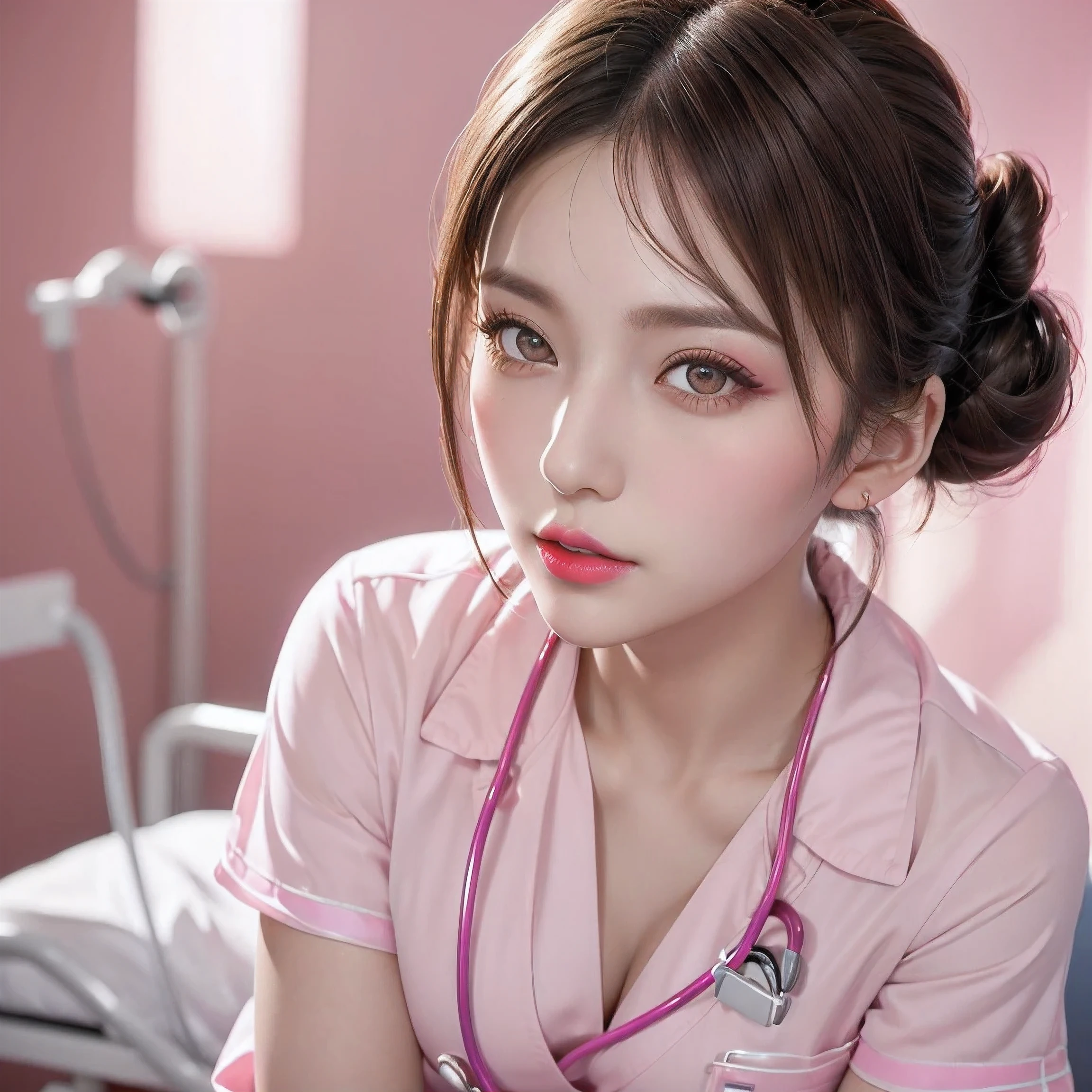 (At SFW), Weekly ratio : 1,1,1 basic ratio: (1 girl:1.3), Japanese, 22-year-old supermodel, break, nurse, break, sexy nurse, focus on face, please raise your arms, , (above the knee shot:1.3), ((in the hospital room:1.35)), view audience, ((Physically based rendering of the background:1.37)), (highest quality:1.4), 32K resolution, (realistic:1.5), (Super realistic:1.5), High resolution 32k UHD, (masterpiece:1.2)), (Improvement of quality:1.4), (very beautiful facial details), (Highest quality realistic skin texture:1.4), (perfect anatomy:1.2),  (standing:1.37), crooked, Risky Pose, (Pink nursing uniform, Pink color nurse uniform:1.3), break, Accurate depiction stethoscope, Accurately depicted name holder, break, precise fingers, break, correct５This finger,  ((A good eye for quality:1.2)), (tired, sleepy and satisfied:0.0),(close up of a woman's eye with a digital rendering),realistic eyes,perfect round eyes,finely detailed pupils,(brown_eyes:1.28),BREAK,detailed lips,pink_makeup, long_blue_eyeliner, (red_lipstick:1.2),perfect dark_eyeshadows, there a close up of a woman's, (super detailed makeup on eyes), iridescent eyes, with professional makeup, vibrant eyes, (fine lips:1.33), (fine nose:1.2), ((background Pink color Geometric patterns:1.37)),(slender body:1.2, flat chest:1.2 ), (slim lower body:1.2), brown hair, (hair bun:1.37), rape face, A gentle light shines on the face and body., professional movie lighting, 