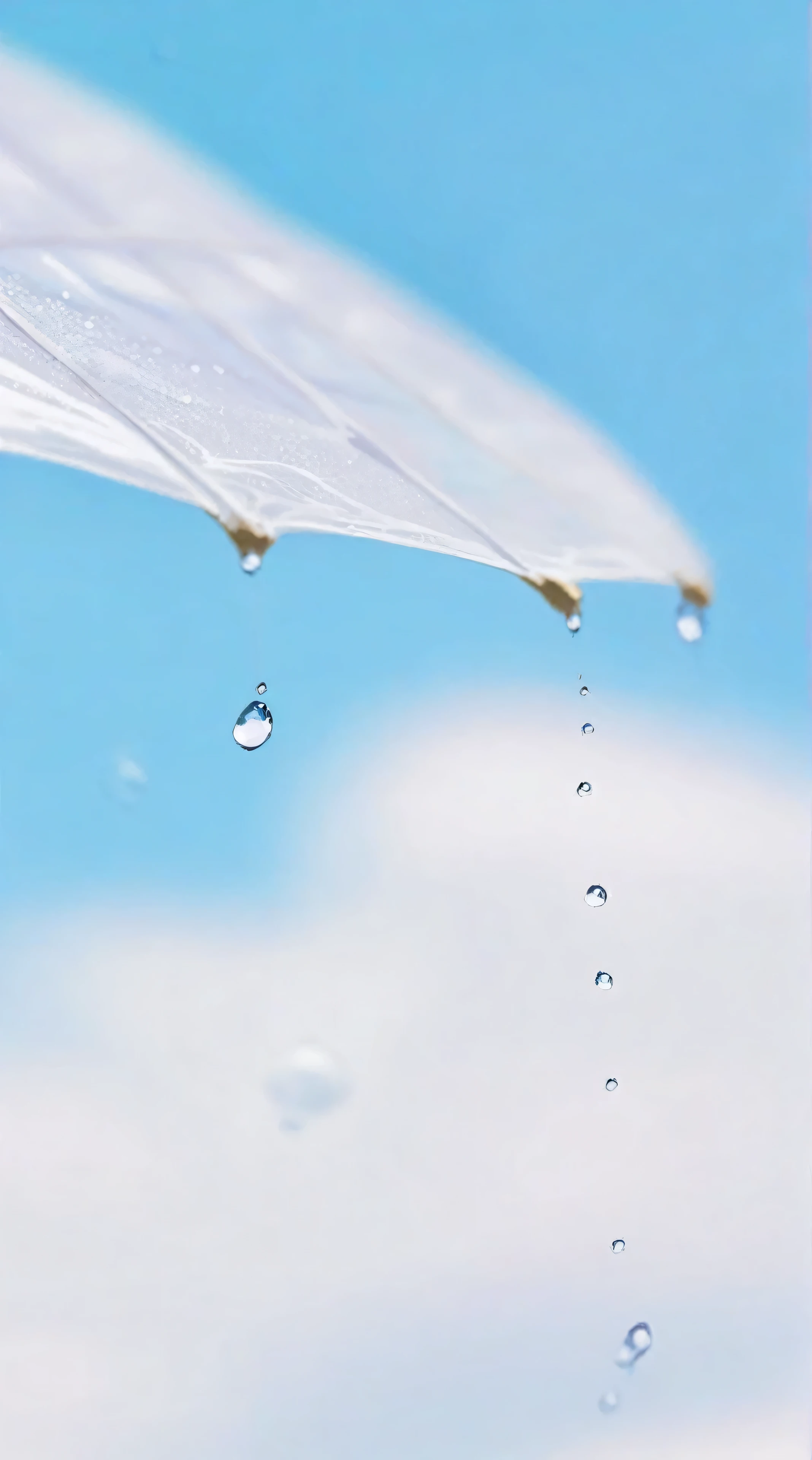 there is a white umbrella with water drop coming out of it, drop are falling from above, water drop, 雨drop, drop of water, water 液drop, A drop of water, drop, 液drop, water drop, water 液drop frozen in time, water drop, transparent 液drop, drop of clean water, tear drop, focus on 液drop