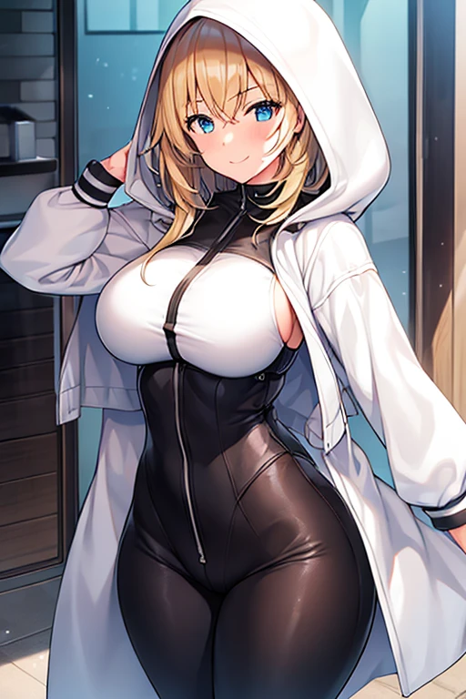 1girl, hood, jacket, hooded jacket, hood on, hood up, blonde hair, large breasts, breasts, wide hips, thick thighs, hourglass figure, white jacket, black shirt, shirt, very short hair, pants, black pants, smile, toned, toned female, urban, mature female, tall, tall female, arm down, hands down, arms down, hand down