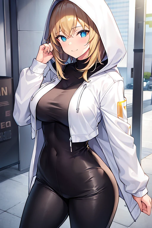 1girl, hood, jacket, hooded jacket, hood on, hood up, blonde hair, large breasts, breasts, wide hips, thick thighs, hourglass figure, white jacket, black shirt, shirt, very short hair, pants, black pants, smile, toned, toned female, urban, mature female, tall, tall female, arm down, hands down, arms down, hand down