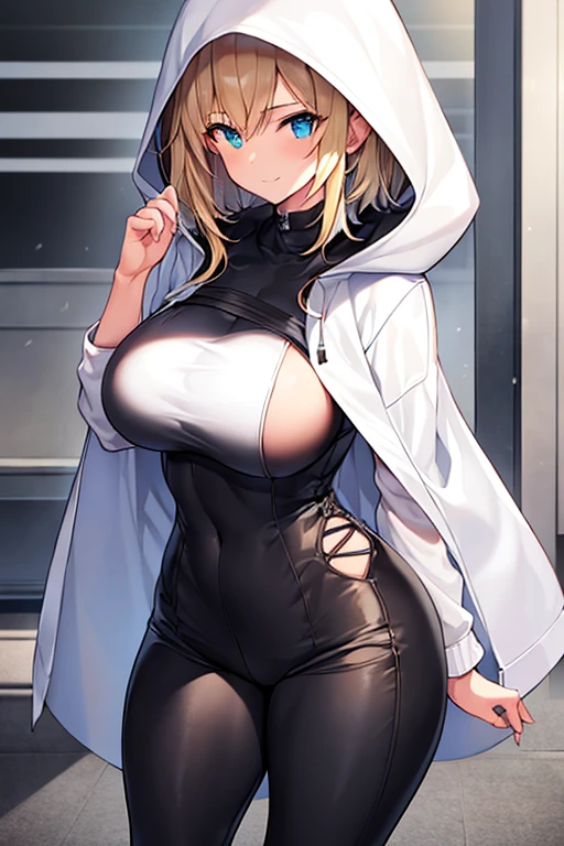 1girl, hood, jacket, hooded jacket, hood on, hood up, blonde hair, large breasts, breasts, wide hips, thick thighs, hourglass figure, white jacket, black shirt, shirt, very short hair, pants, black pants, smile, toned, toned female, urban, mature female, tall, tall female, arm down, hands down, arms down, hand down