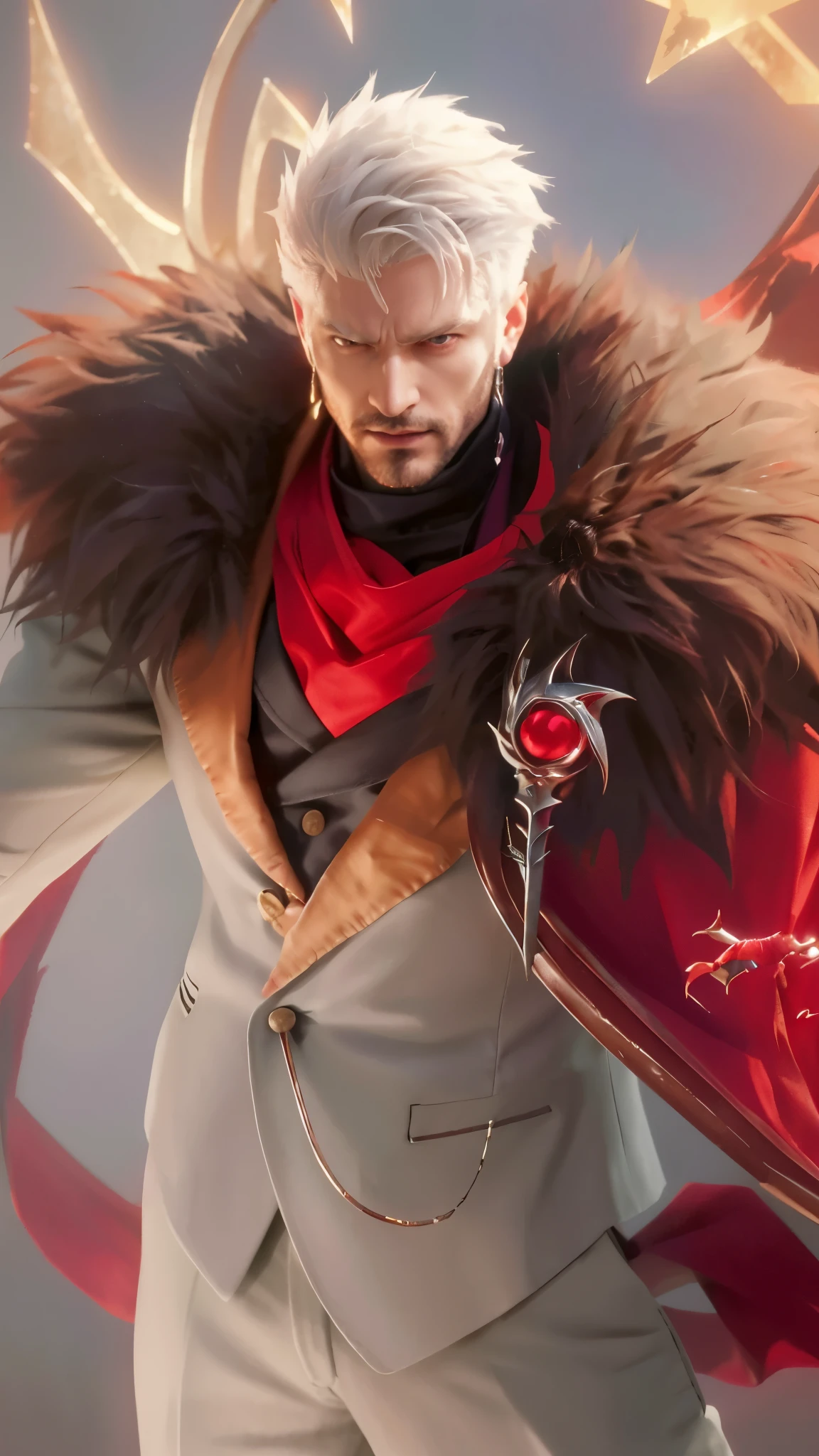 (best quality,4k,8k,highres,masterpiece:1.2),ultra-detailed,(realistic,photorealistic,photo-realistic:1.37),dramatic lighting, vibrant colors, close-up portrait, detailed facial expression, captivating gaze, sharp focus, flowing red cape, tailored suit, immaculate grooming, suave gentleman, confident and charismatic posture, exquisite demon slayer artwork, intricate details of the demon slaying weapon, eerie and intense atmosphere, son of Sparda's lineage reflected in his piercing eyes, key anime art inspiration, seamless fusion of anime and realism, mesmerizing combination of range murata and artgerm's styles, artistic portrayal of Kris from Deltarune, dynamic and energetic brushstrokes, striking composition, impeccable attention to anatomical details, unique and captivating art style,evil face,villain vibes