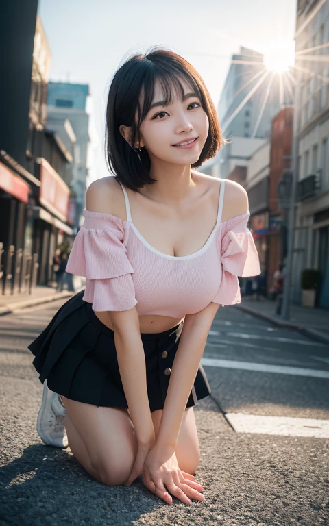 highest quality、8k Masterpiece、超A high resolution、(Photorealistic:1.3)、RAW Photos、1 girl、Black Hair、Glowing Skin、1. Super-beautiful Cyberpunk Soldiers、((Ultra-Realistic Details))、Portrait、Global Illumination、Shadow、Octane Rendering、8k、Super sharp、Beautiful breastetal、Cold colors、、Very intricate details、Realistic Light、CGSoation Trend、Beautiful Eyes、Shining Eyes、To the camera、Neon Details、26age、Very Short Hair、Obscene、wide shot、full body、smile、Healthy body、Futuristic girly stage costume、Cosplay、Moe、very cute、cute、pure、virgin、love、Idol、Pink Room、Street Style