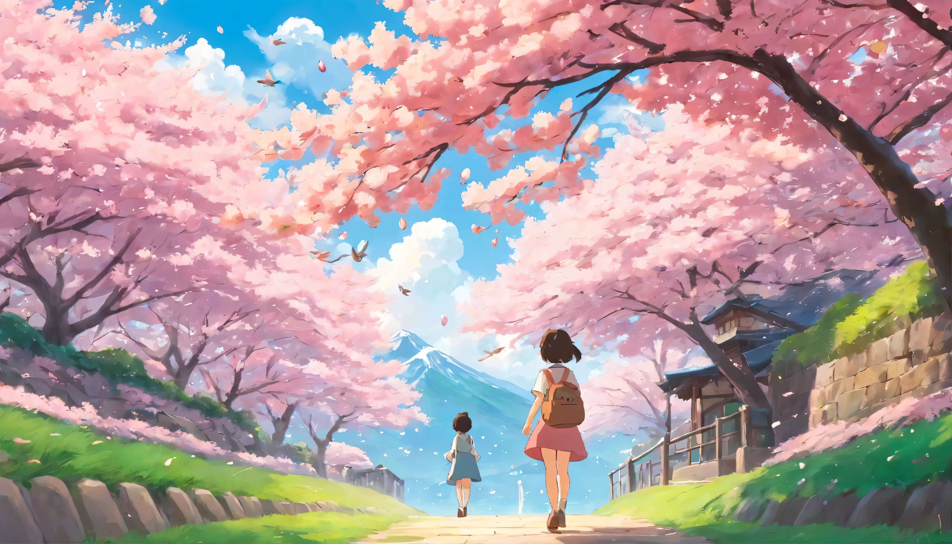ultra realistic; 4k, anime; 2d Studio Ghibli; flurry of falling cherry blossoms