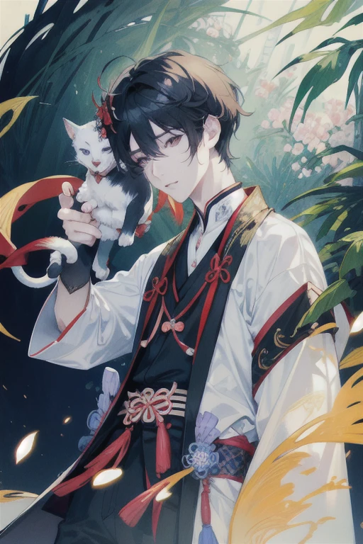 Close-up of a person holding a cat near a tree, zhongli from Genshin impact, handsome japanese devil boy, keqing from Genshin impact, Demon slayer art handsome man, inspired by Okumura Masanobu, Onmyoji portrait, Genshin, Genshin impact character, Taisho Roman, Inspired by Bian Shoumin