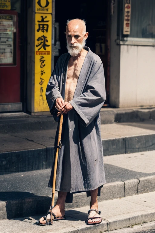 gray hair bald、A skinny, dirty homeless old man in his 90s wearing a rat kimono and sandals, holding a cane.