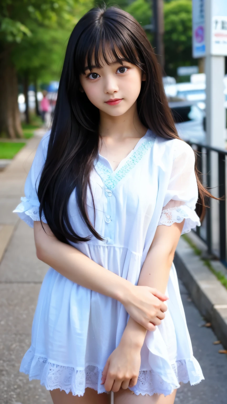 Best-quality, Masterpiece, Ultra-High-Resolution, (Photorealistic:1.4), Raw-Photo, 1girl, solo, -yeld, thost popular Japanese idol, wearing spring-clothes with cute-design, looking at viewer, innocent-smile, ((extremely cute and childish face like the most famous Japanese idol, ((extremely beautiful big-black-eyes):1.1), extremely beautiful hair)), extremely beautiful skins, extremely beautiful long-eyelashes, extremely beautiful lips, extremely beautiful and extremely-short body, extremely beautiful childish-thighs, dynamic-pose