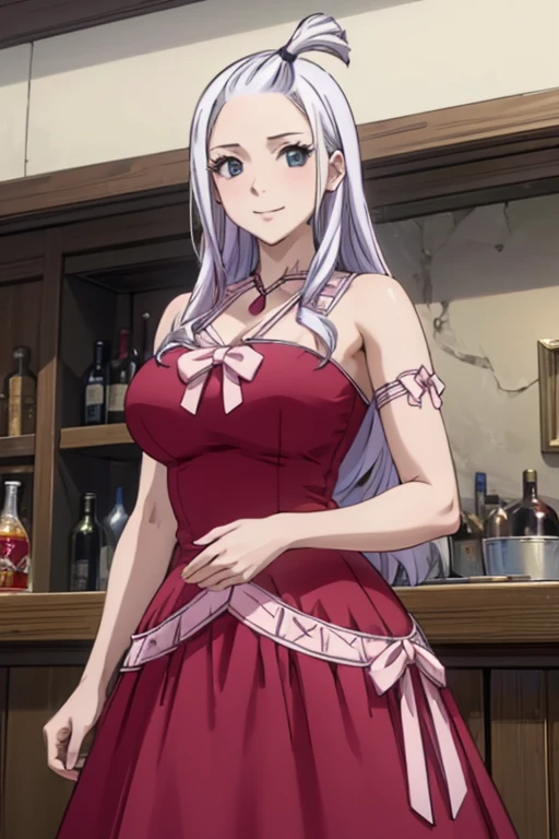 (best quality,4k,8k,highres,masterpiece:1.2),ultra-detailed,realistic,photorealistic:1.37, Mirajane Strauss with a beautiful smile wearing a red designer dress 