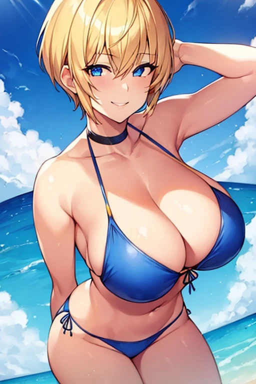 1girl, blonde hair, pixie cut, very short hair, large breasts, breasts, arched back, smile, blue eyes, orange bikini, bikini, smug, smirk, mature female