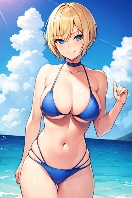 1girl, blonde hair, pixie cut, very short hair, large breasts, breasts, arched back, smile, blue eyes, orange bikini, bikini, smug, smirk, mature female