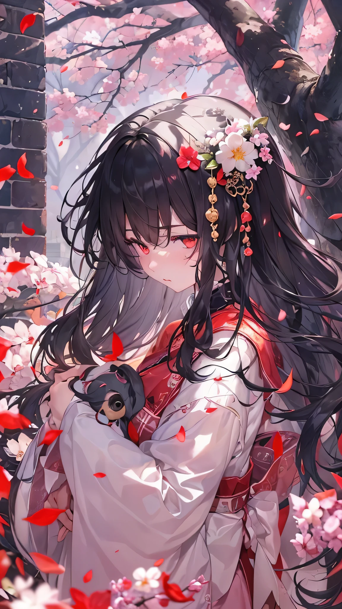 perfect , masterpiece:1.4, best quality, 8k, beautiful detailed grow, daydreaming expression, (in the night, in under the cherry blossoms, background is beautiful:1.3 red moon),break, from side:1.3, (in a evil dress) (solo curly black hair long hair cute girl, 15 yo, sad:1.3 red eyes, mortifying face, look up ), (hugging own legs).