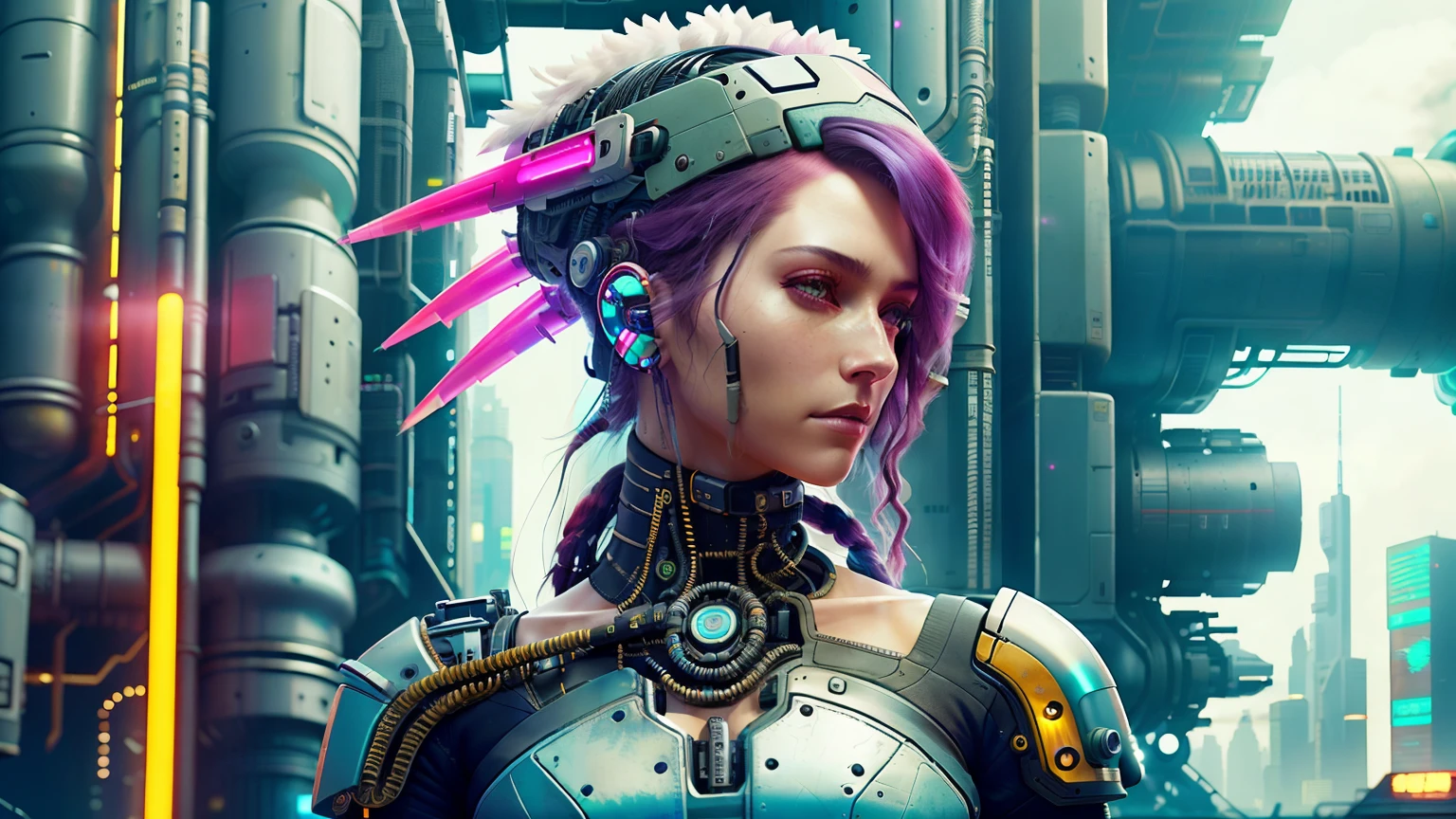 There was a woman wearing a headdress，Wearing a camera on his head, Hyper-realistic cyberpunk style, cyberpunk headset, Cyberpunk Style ， Hyperrealistic, styled like ghost in the shell, muted cyberpunk style, Cyberpunk headdress, cyberpunk transhumanist, has cyberpunk style, Portrait of a cyberpunk machine, cyborg - girl, Show on the《cyberpunk 2077》Curly, Enhanced cyborgs