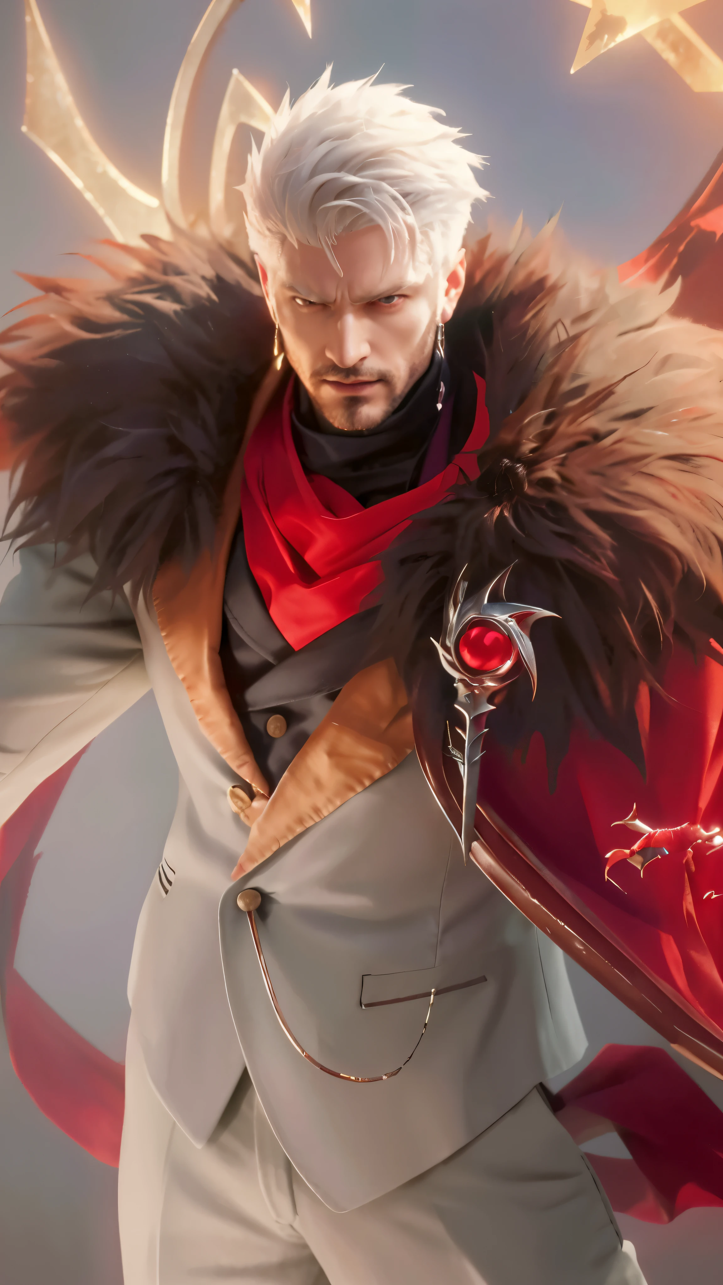 (best quality,4k,8k,highres,masterpiece:1.2),ultra-detailed,(realistic,photorealistic,photo-realistic:1.37),dramatic lighting, vibrant colors, close-up portrait, detailed facial expression, captivating gaze, sharp focus, flowing red cape, tailored suit, immaculate grooming, suave gentleman, confident and charismatic posture, exquisite demon slayer artwork, intricate details of the demon slaying weapon, eerie and intense atmosphere, son of Sparda's lineage reflected in his piercing eyes, key anime art inspiration, seamless fusion of anime and realism, mesmerizing combination of range murata and artgerm's styles, artistic portrayal of Kris from Deltarune, dynamic and energetic brushstrokes, striking composition, impeccable attention to anatomical details, unique and captivating art style,evil face,villain vibes