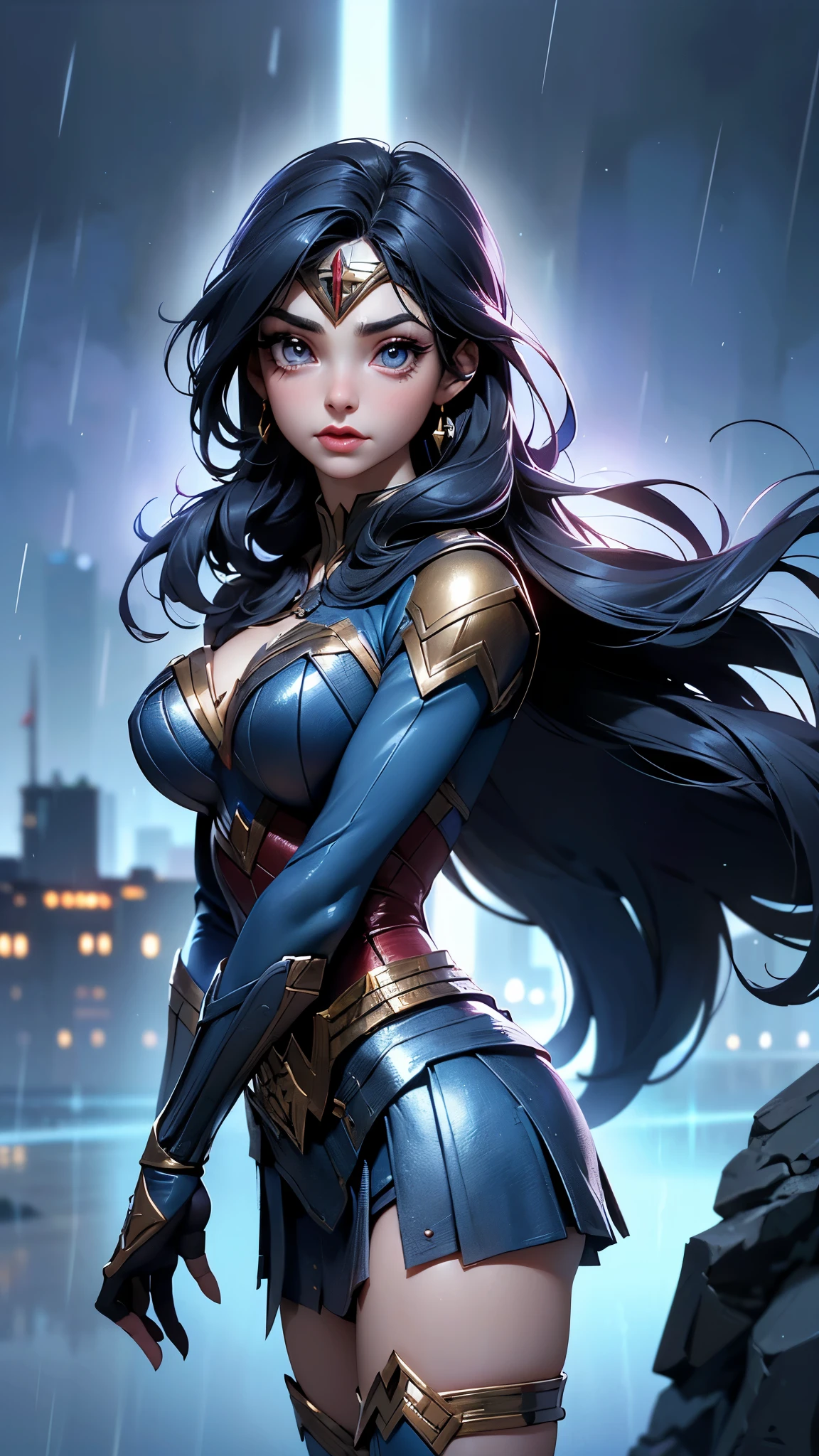(La mejor calidad,A high resolution,Ultra - detallado,actual),Ariana Grande es wonder woman, wonder woman from dc comics, (Detalles de la cara: 1.5, ojos azules brillantes, hermoso rostro, ojos bonitos, Contorno del iris, labios delgados: 1.5, Thin, sharp pale eyebrows, Long, dark eyelashes, double tabs),manos perfectas: 1.5,miniskirt de wonder woman:1.4, (fondo ciudad destroyed apocalypse :1.4), (wonder woman V2.1),( fondo cielo nublado lluvia cayendo:1.4), (colores brillantes)