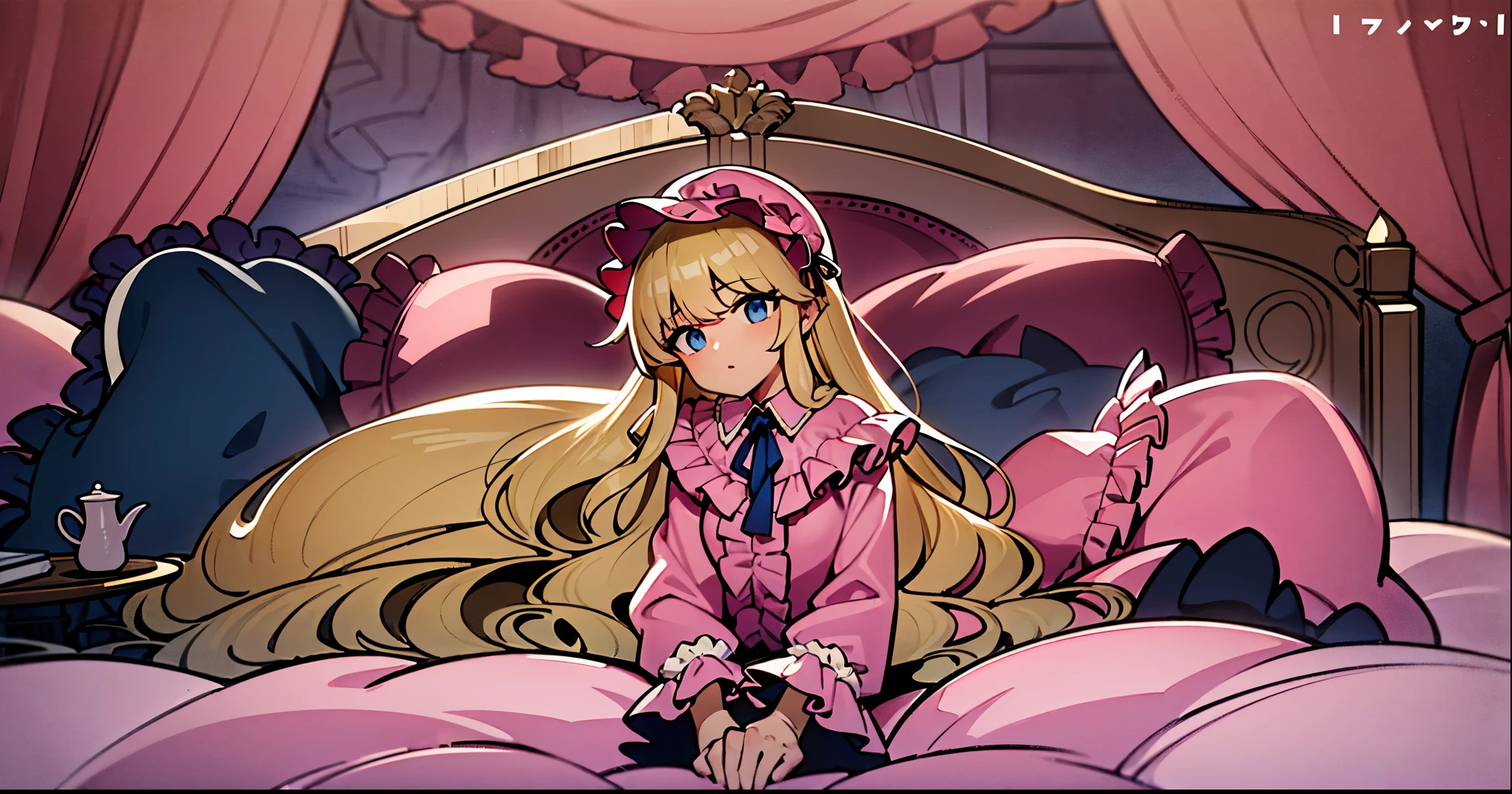 ,highest quality, masterpiece, highest resolution, artwork, super それにget used to it, many get used to it, get used to it, それにget used to it, 3K anime illustration,(( 10 year old girl)),Super detailed baby face,high quality small face,long blonde hair that grows to the waist,blue eyes,白い肌のeuropean,pajamas, european,(((super long blonde hair))),curly hair,blue eyes,((((ピンクのロリータファッションのlong skirtのワンピースドレス)))),((Pink dress with lots of frills and ribbons)),((Luxurious headdress with frills and ribbons)),detailed headdress,,(((big yoke collar))),Yoke collar with ruffles and ribbons,((((long sleeve)))),ruffle sleeves,((((long skirt)))),white ruffle and lace socks,large frill and ribbon pillow,(((Nice pink outfit))),豪華なcanopy bedの上,canopy bed,The bed is surrounded by luxurious curtains,many frilly pillows on the bed,There are many frilly pillows behind the girl.,super detailed background,detailed bed,soft pink comforter,Highly detailed soft ruffle pillow,Beautiful girl illustration,detailed beautiful face,thin hair,detailed eye ,detailed eyes,detailed mouth, arm details,fine hands,Detailed pillow,wide bed,Illustration on the bed, ,((((round futon)))),((((A large ruffled futon that covers the entire bed)))),detailed comforter,detailed bedシーツ,Before bedtime,romantic atmosphere,palace bedroom,((((The lower half of the body is hidden under the futon and the puffy skirt.....)))) The girl is leaning on a pile of pillows, ,((((round futon)))),((((A large ruffled futon that covers the entire bed)))),((((not wearing shoes)))),