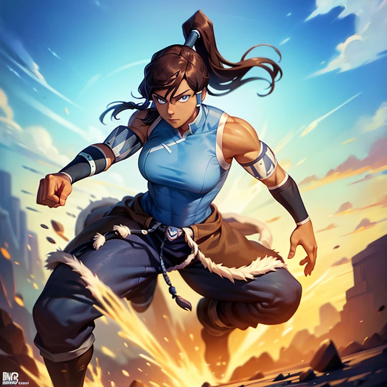 korra, dark skin, dark-skinned female, ponytail, muscular female, high quality, detailed, high resolution, masterpiece, anatomically correct, 